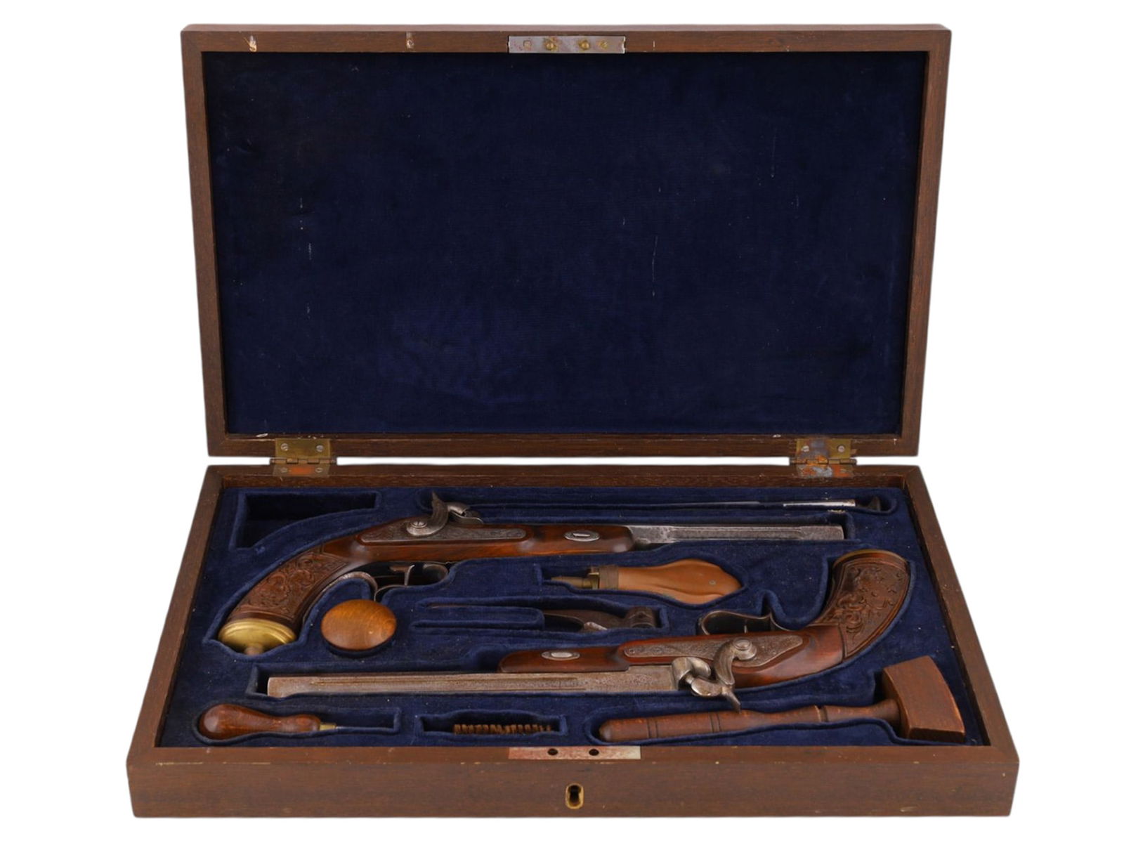 A CASED MATCHED PAIR OF DUELING PISTOLS, SPANISH MANUFACTURE, LATE 20TH CENTURY: Comprising a matched pair of single-shot percussion dueling pistols of traditional late 18th–early 19th century form, manufactured in Spain by Ardesa. Each pistol with octagonal barrel engraved with