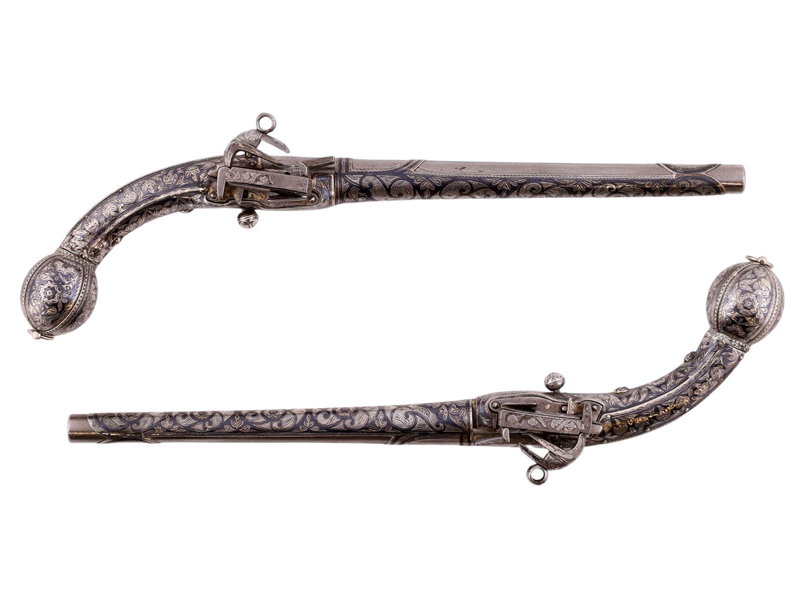 A PAIR OF EXTREMELY FINE CAUCASIAN SILVER FLINTLOCK PISTOLS, 19TH CEN. (1 of 14)