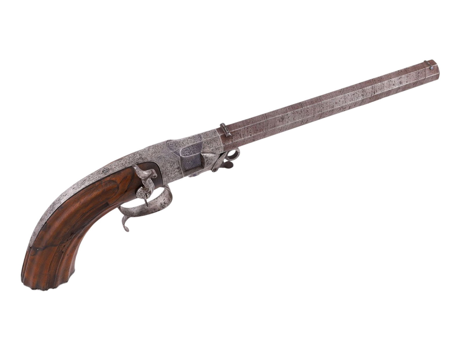 A RARE ENGRAVED BERINGER SYSTEM ROTATING BREECH LOADING PISTOL WITH DAMASCUS STEEL BARREL, 19TH (1 of 19)