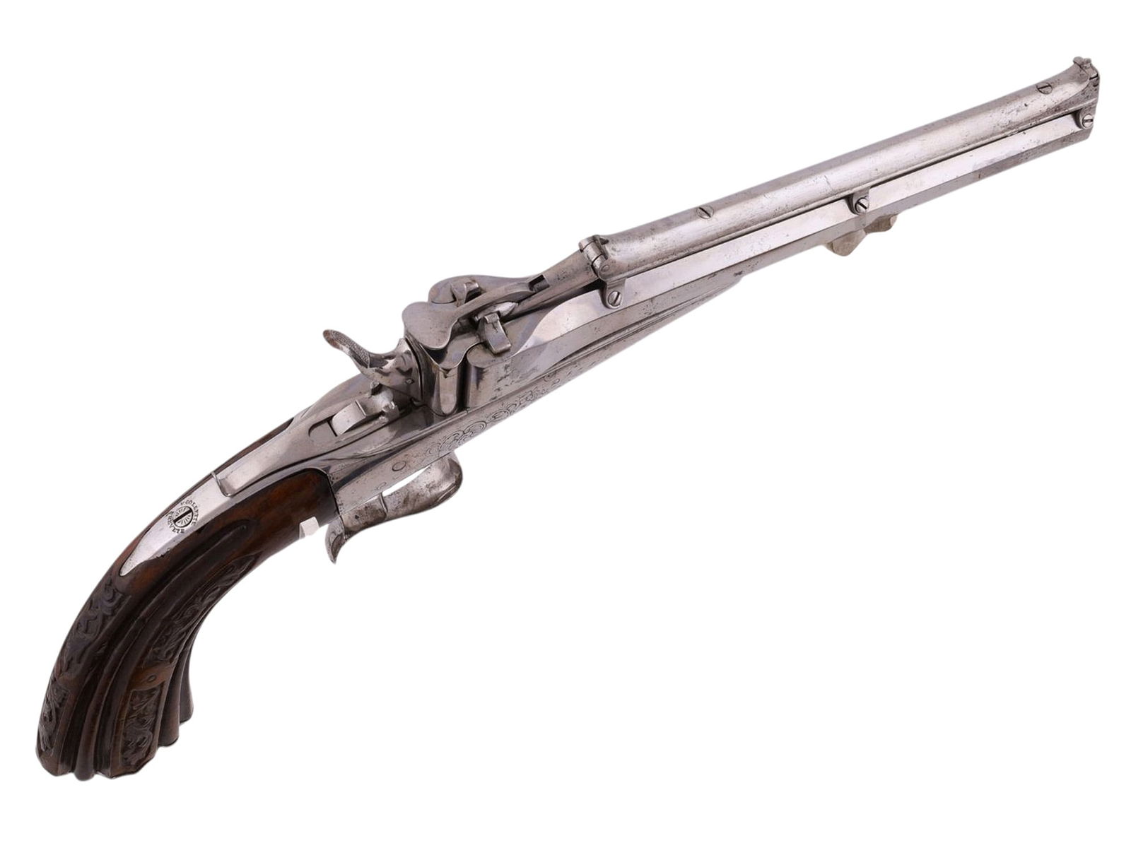 A RARE ENGRAVED VICTOR COLLETTE GRAVITY FEED PISTOL, 19TH CENTURY (1 of 16)