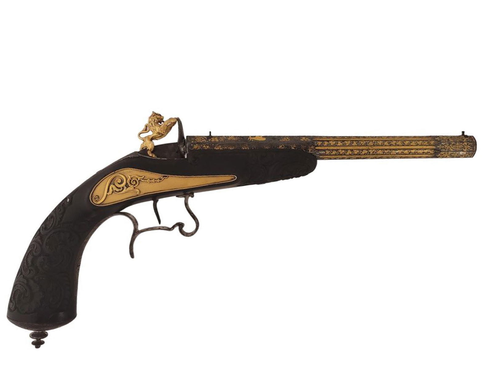 AN EXCEPTIONAL AMERICAN RIMFIRE TARGET PISTOL, 19TH CENTURY: A magnificent single-shot, rimfire, American presentation target pistol. The pistol is chambered in .22 caliber and has a rifled bore. The breech is decorated with a fire-gilt Imperial eagle as well a