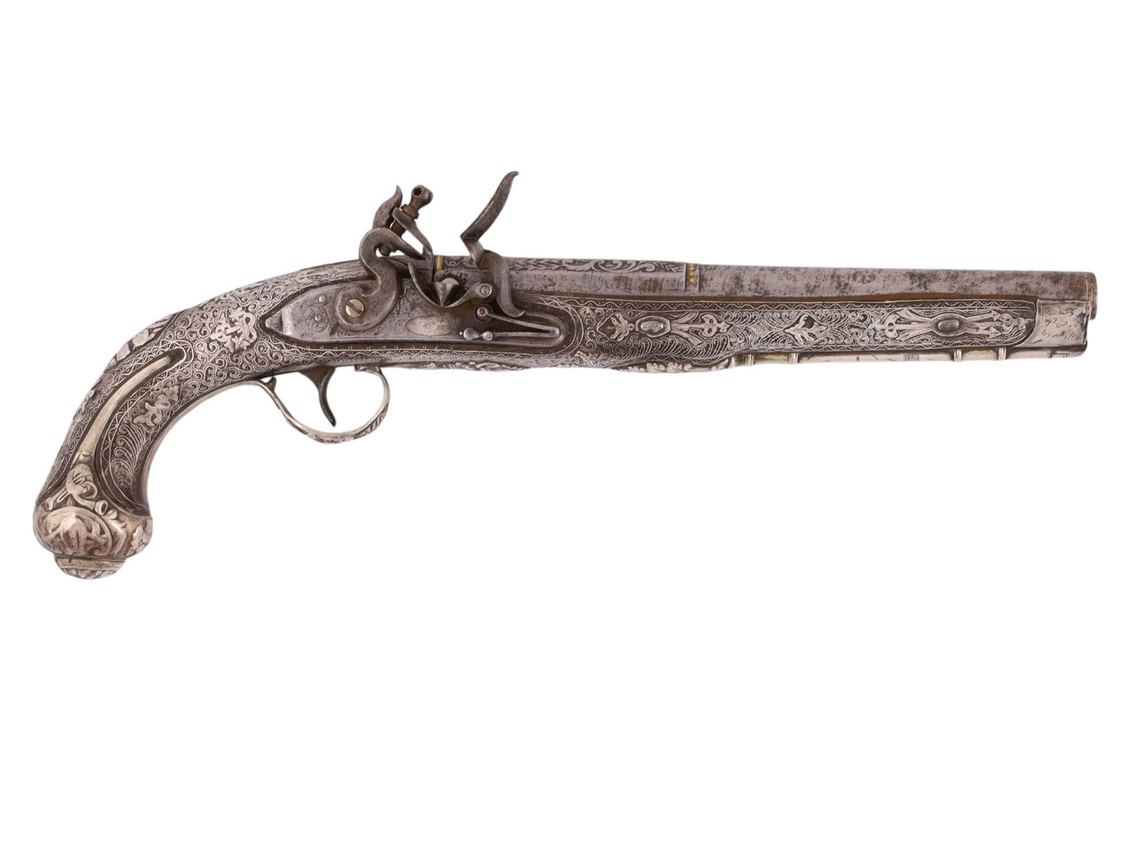 A FINE SILVER-MOUNTED FLINTLOCK PISTOL, TWISTED STEEL BARREL, 19TH CEN. (1 of 12)
