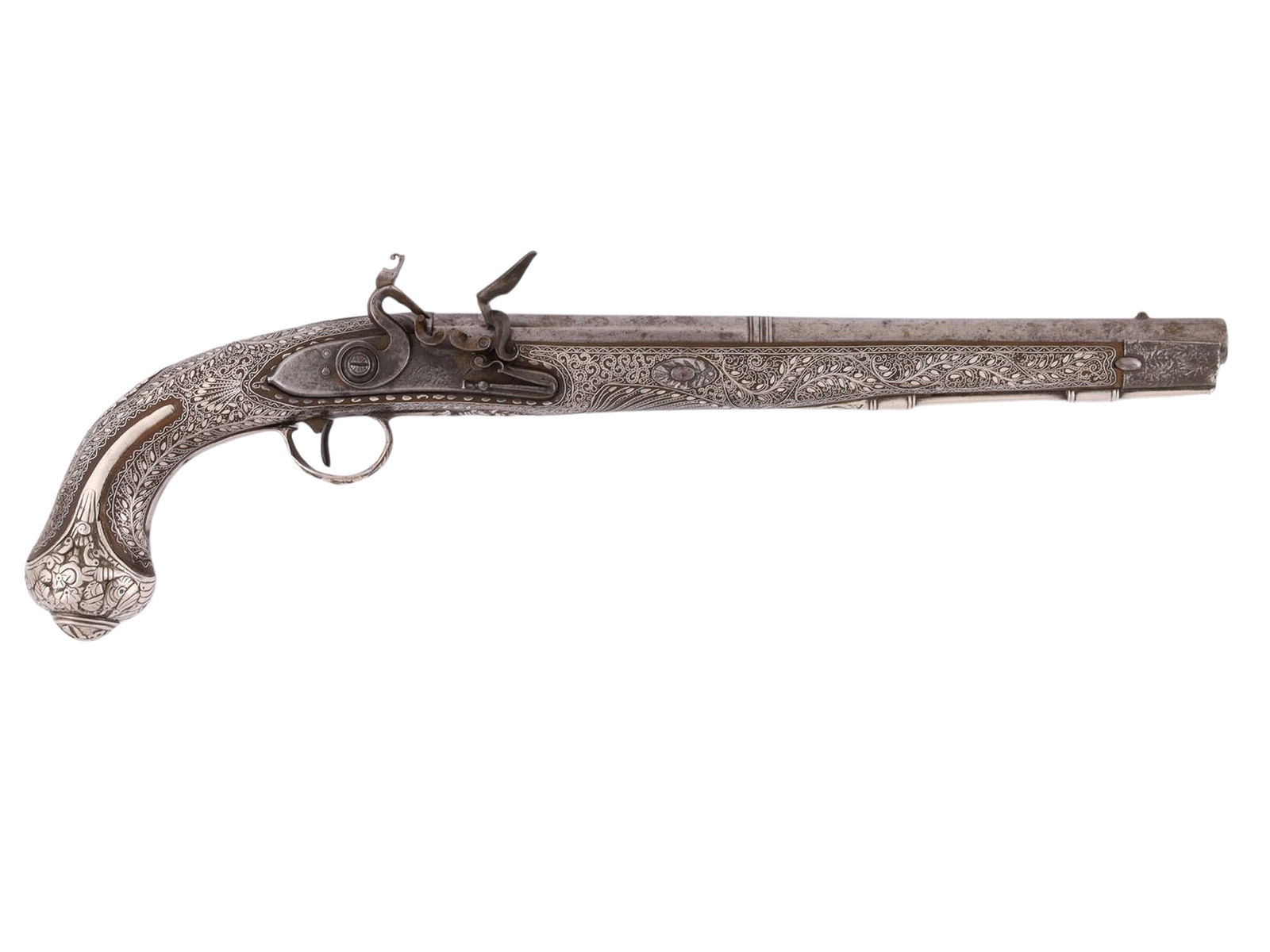 A FINE SILVER-MOUNTED FLINTLOCK PISTOL, ANGLO-RUSSIAN, 19TH CEN. (1 of 11)