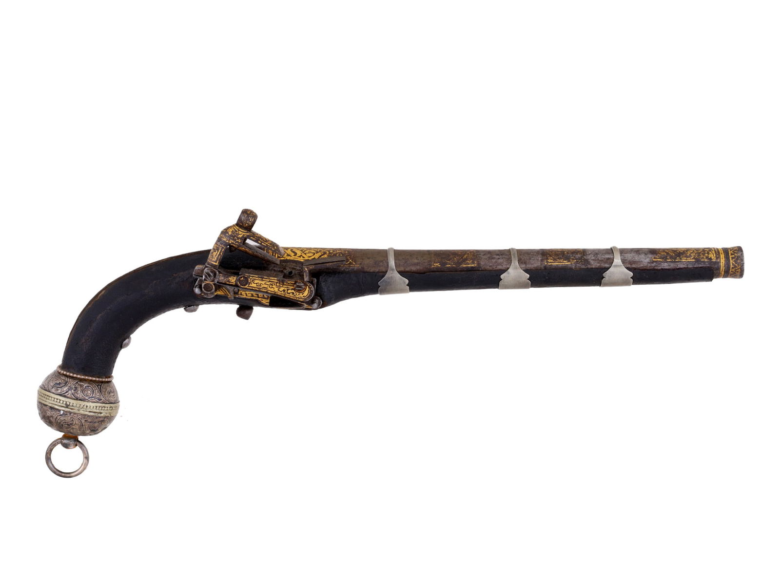 A CAUCASIAN FLINTLOCK MIQUELET PISTOL WITH NIELLO POMMEL, 19TH CEN. (1 of 10)
