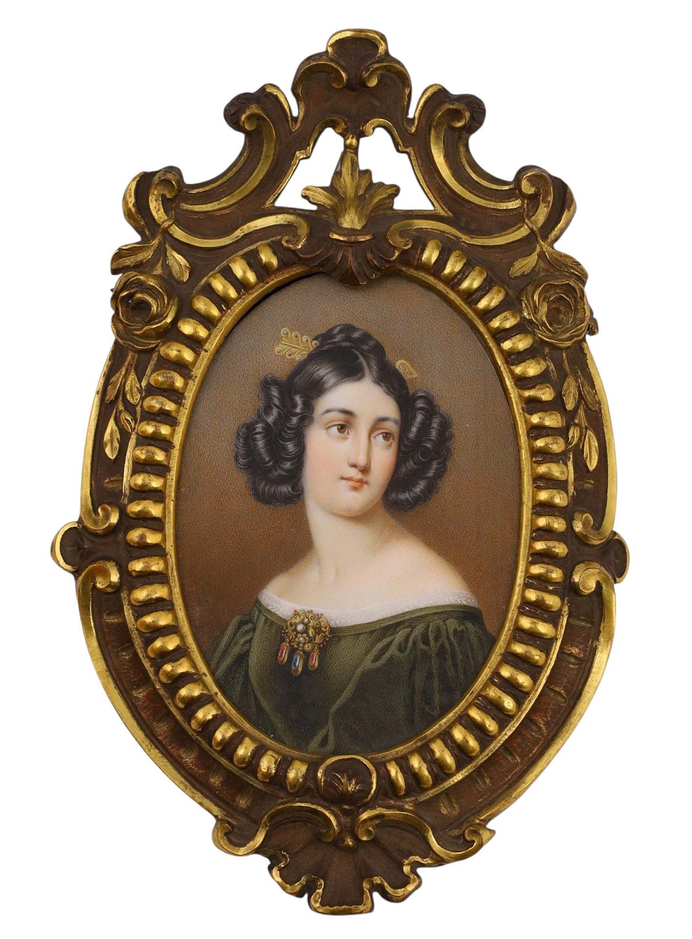 JOSEPH KARL STIELER (1781–1858), PORTRAIT MINIATURE ON BONE: A SIGNED JOSEPH KARL STIELER (GERMAN, 1781–1858) PORTRAIT MINIATURE ON BONE IN A GILT METAL FRAME. Finely executed portrait miniature, painted on bone, depicting a dark-haired young lady in a green