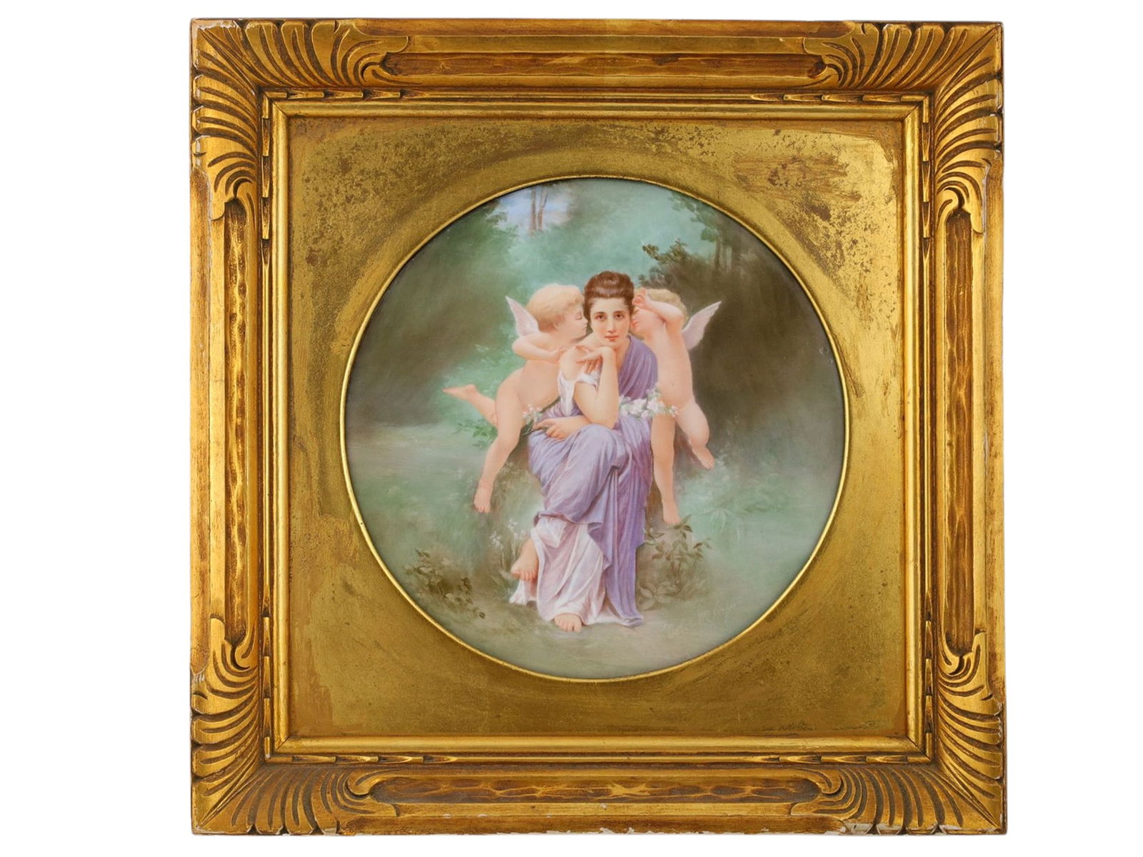 A LARGE PAINTED PORCELAIN PLAQUE AFTER WILLIAM-ADOLPHE BOUGUEREAU (1825–1905): A finely painted porcelain plaque depicting a seated maiden in a lavender robe flanked by two winged putti offering garlands of flowers, after the celebrated French Academic painter William-Adolphe Bo