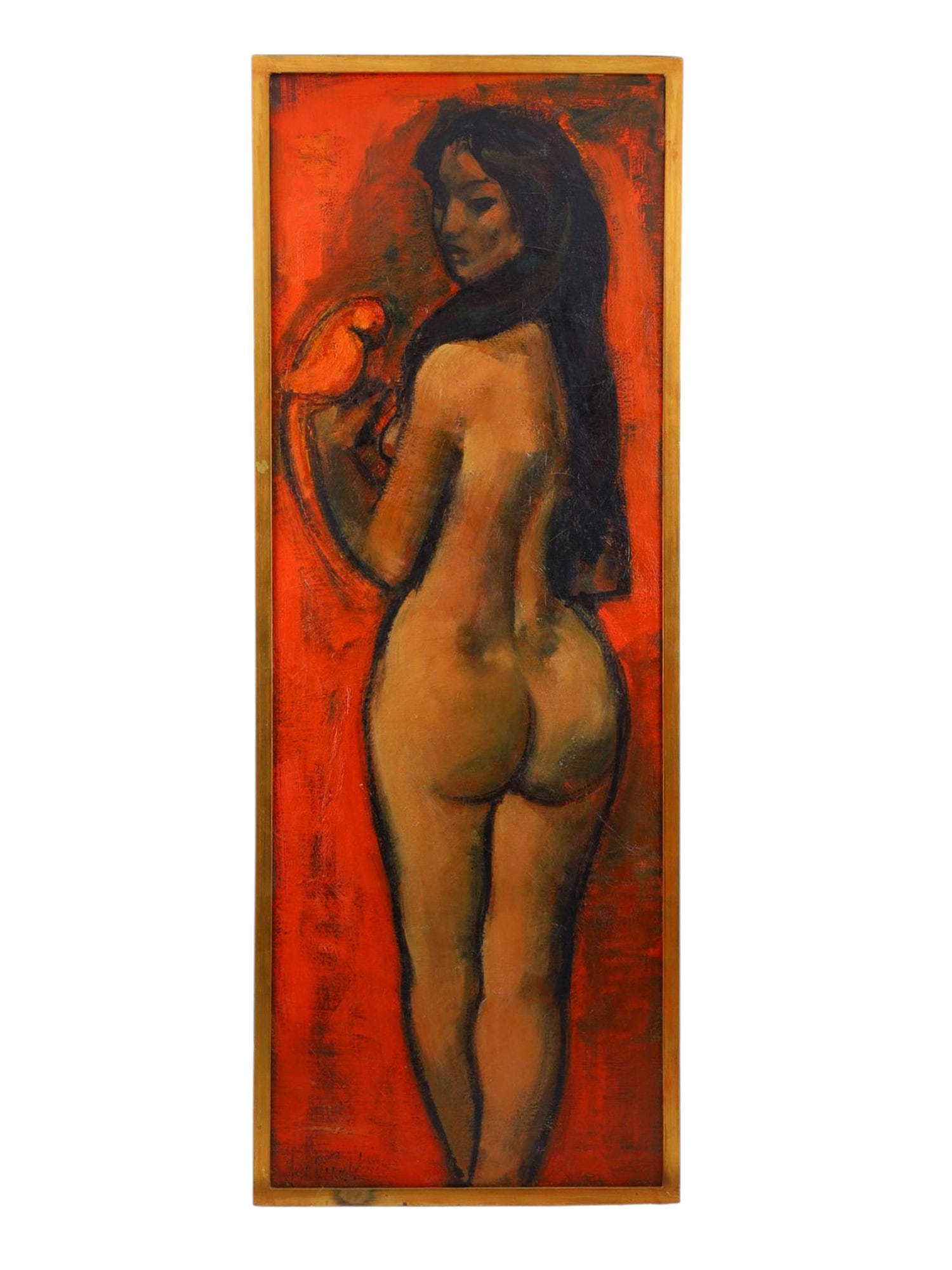 A JAN DE RUTH (AMERICAN, CZECH, 1922-1991) OIL PAINTING ON CANVAS OF A NUDE WOMAN: Jan De Ruth (1922 - 1991), an oil on canvas painting depicting a young nude female with a parrot. Signed lower left. Framed. Note: Jan De Ruth is known for Figure-nude and portrait painting, printmaki