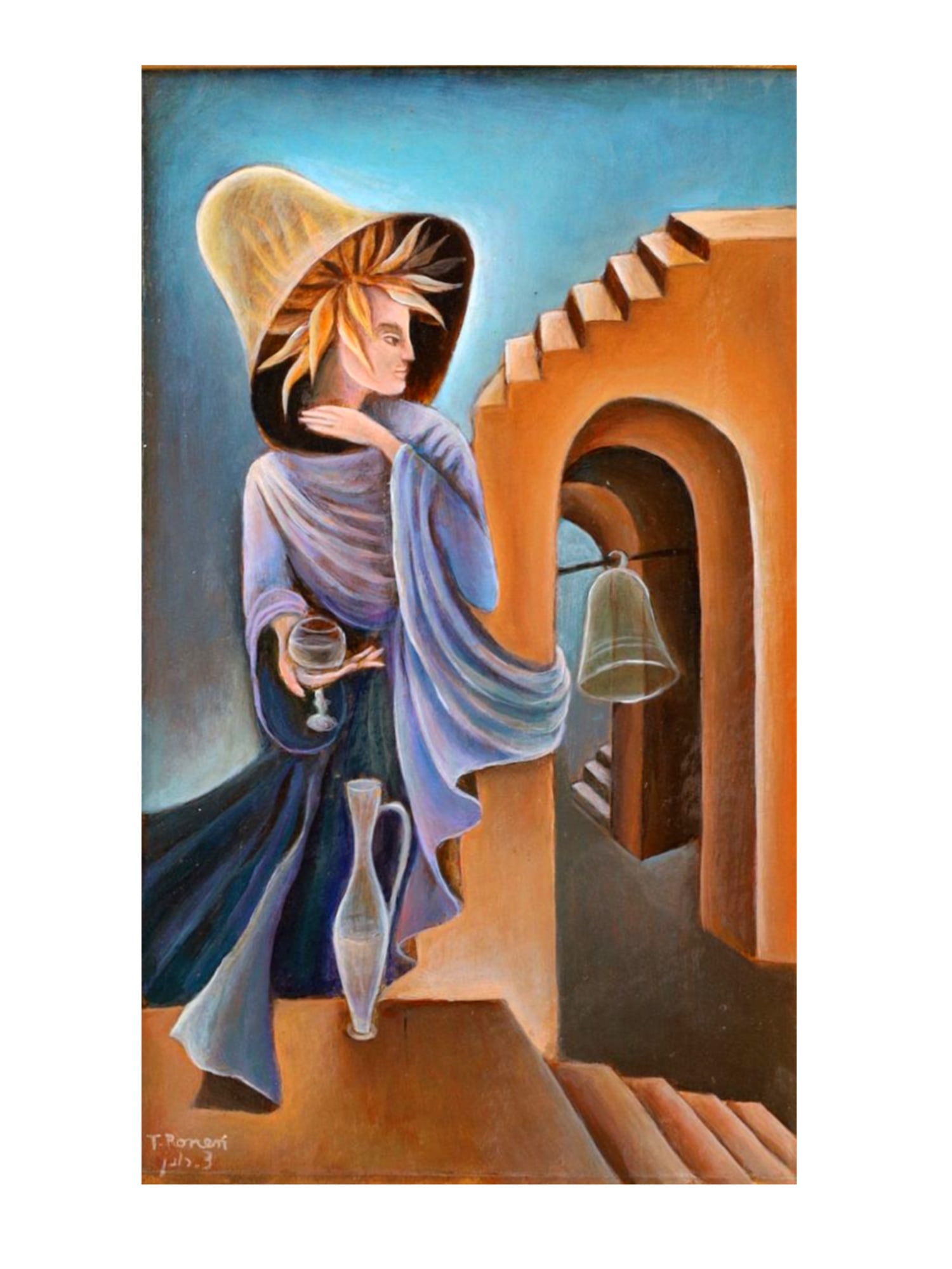 A TZIPORA RONEN (MEXICAN-ISRAELI, B. 1939), A SURREALIST PAINTING, SIGNED AND DATED: Oil on board, signed lower left T. Ronen and dated. The composition depicting a stylized female figure in flowing drapery and a wide hat, holding a goblet and standing before an architectural backdrop