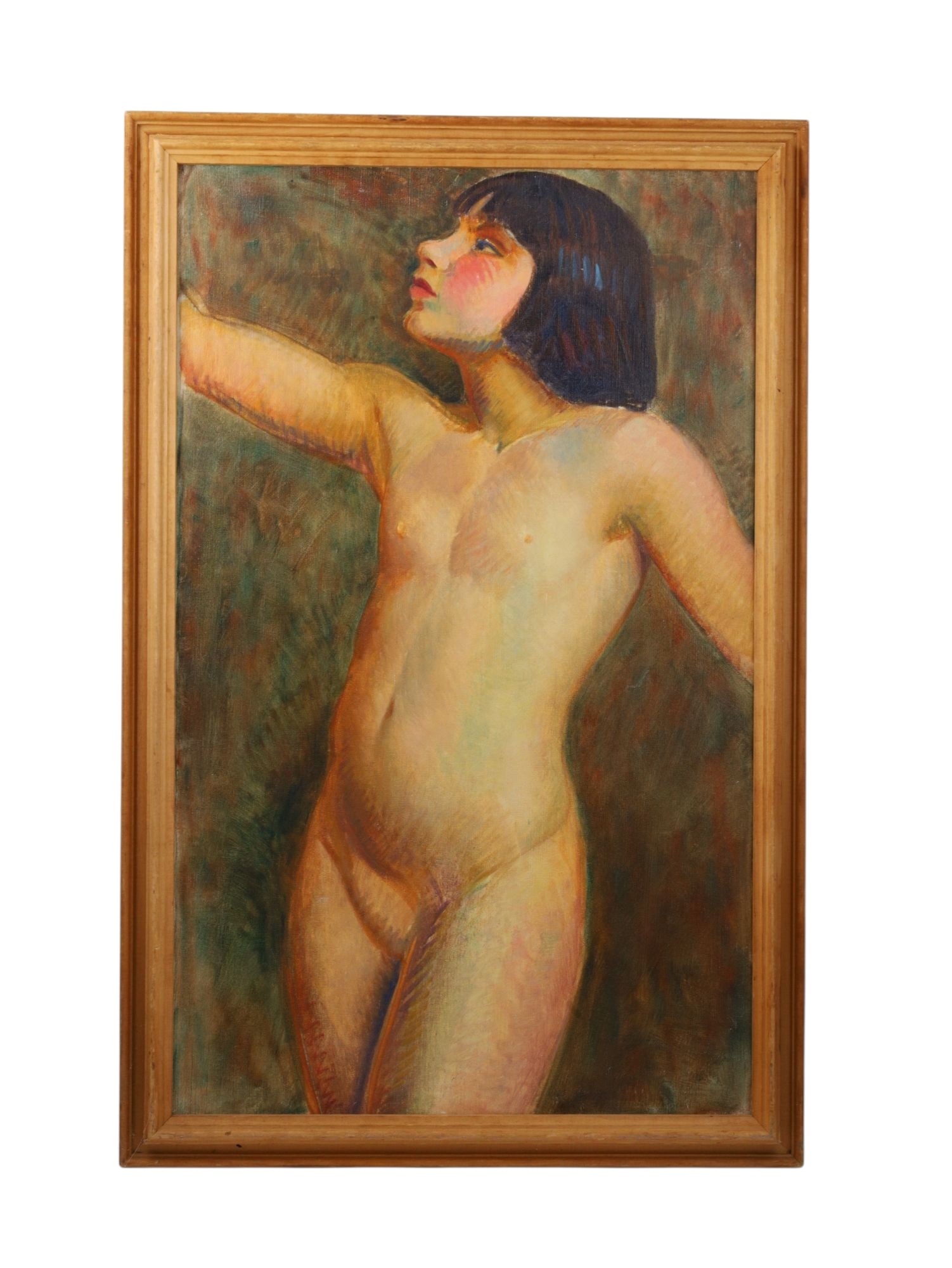A SIGNED M.M. KINSBURY OIL ON CANVAS NUDE OF A GIRL: A sensitively rendered oil on canvas depicting a nude girl with short dark hair, posed against a mottled background of green and brown tones. Her figure is modeled with warm and cool tonal shifts, cre