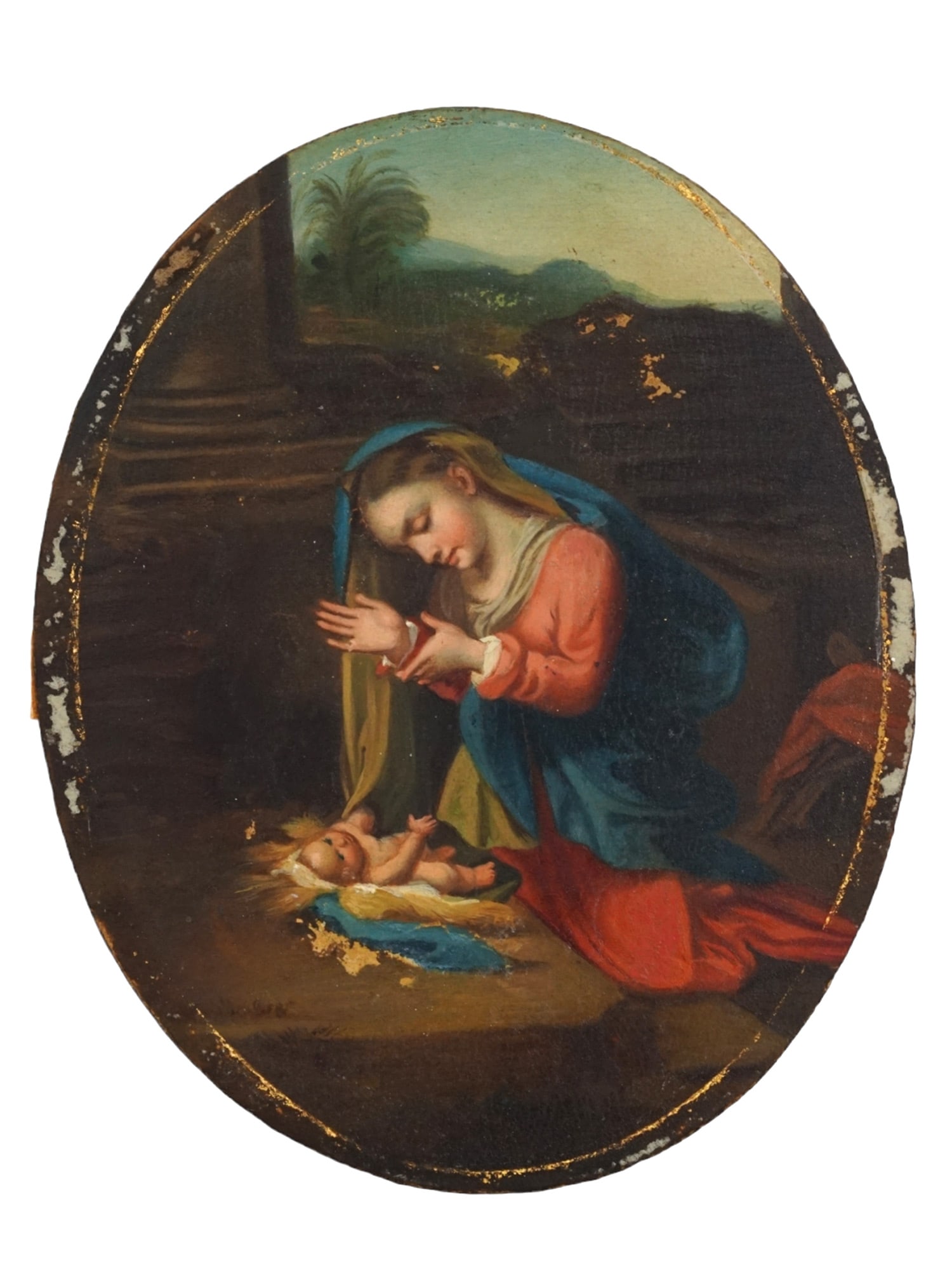 A HAND-PAINTED MINIATURE DEPICTING MADONNA OIL ON PANEL 18 C.: Oval oil on board painting, The Adoration of the Child, after the original oil painting on canvas, 1518 to 1520, Antonio Da Correggio, Italian, 1494 to 1534. Framed. Inscribed on the verso "Paolettie