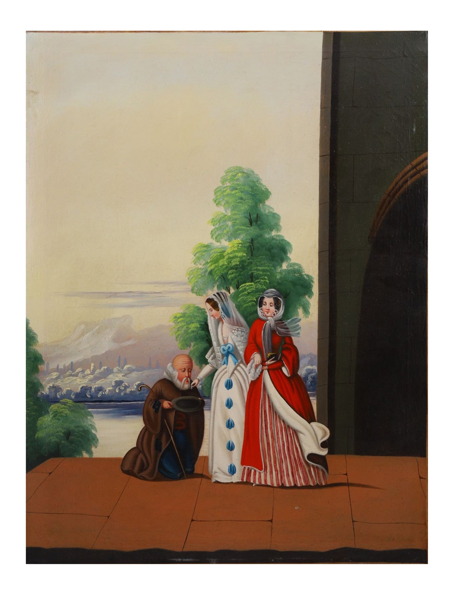 A EUROPEAN GENRE OIL PAINTING, "GIVING ALMS", 19TH CENTURY: Oil on canvas, depicting two finely dressed ladies—one in a white gown with blue ribbon detail, the other in a red and white striped ensemble—bestowing alms to a kneeling monk with staff and hat,