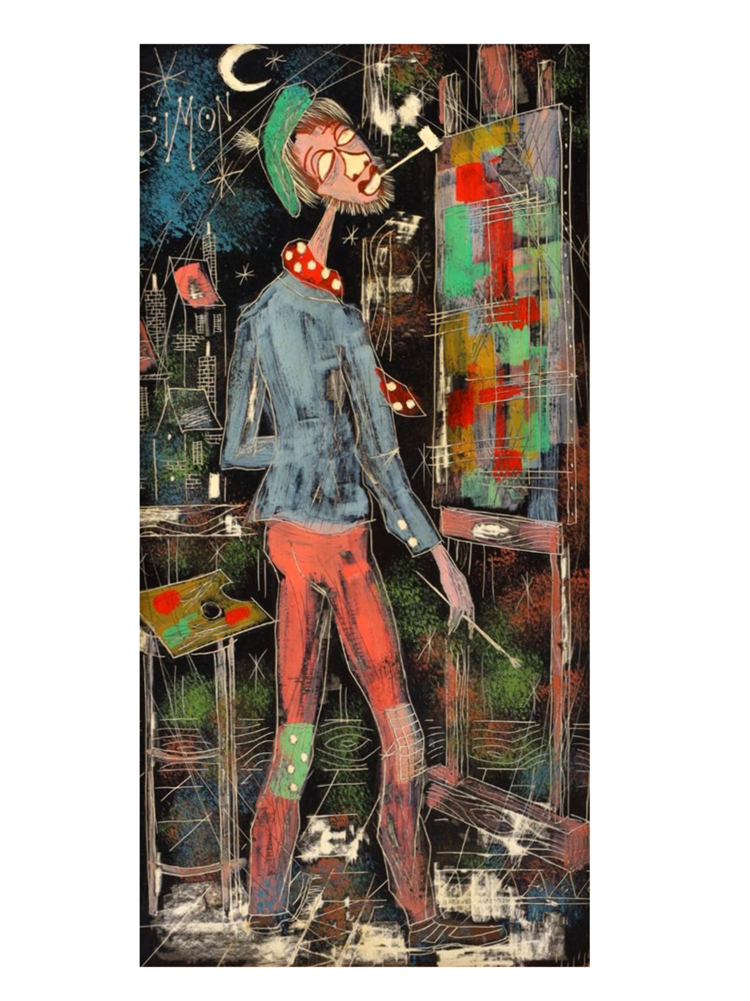 A MIXED MEDIA ON BOARD PAINTING BY YOHANAN SIMON 1905-1976: YOHANAN SIMON (German/Israeli, 1905–1976). "Male Artist Standing Before His Easel." Mixed media on board, signed Simon upper left. A vividly executed composition depicting a lanky male painter at hi