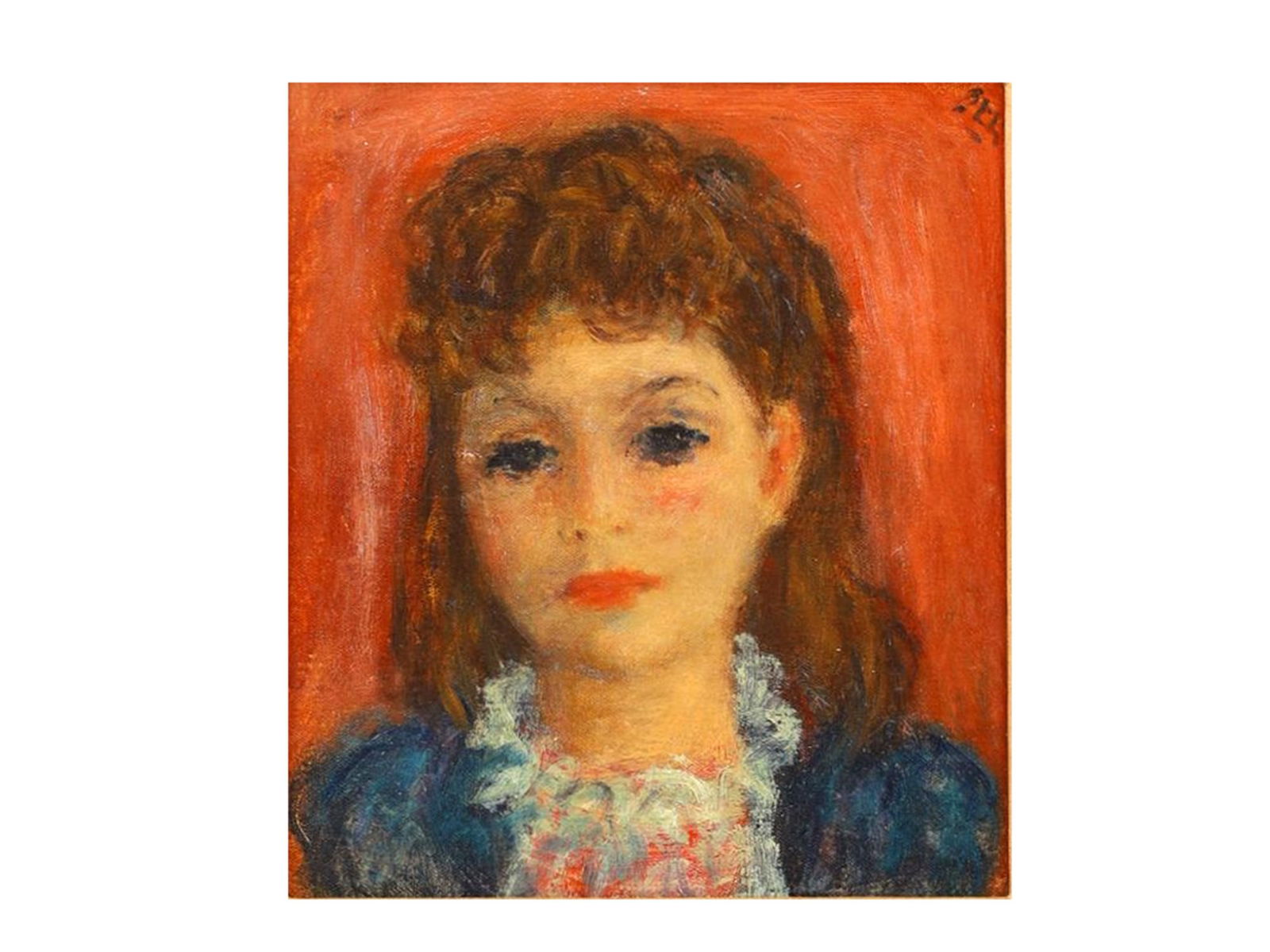 A ROBERT PHILLIP (1895-1981) SIGNED OIL ON CANVAS, 'ROCHELLE': A fine oil on canvas portrait by Robert Phillip (Scottish-American, 1895–1981), entitled Rochelle. The work depicts a young woman with auburn hair set against a vivid orange-red ground, her head tur