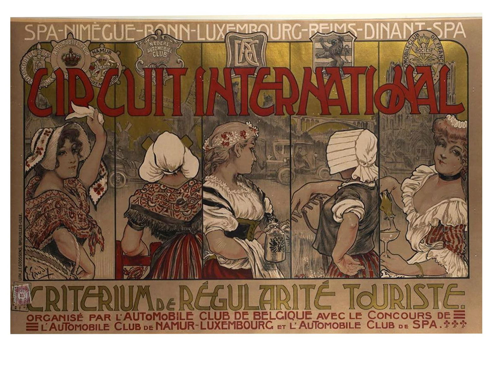 GEORGES GAUDY 1872-1906 "CIRCUIT INTERNATIONAL - CRITERIUM DE REGULARITE TOURISTE", BELGIUM, 1906: Color lithographic poster on paper, published for the Automobile Club de Belgique to promote the 1906 Circuit International automobile races held across Spa, Namur, Luxembourg, Reims, Dinant, and rela