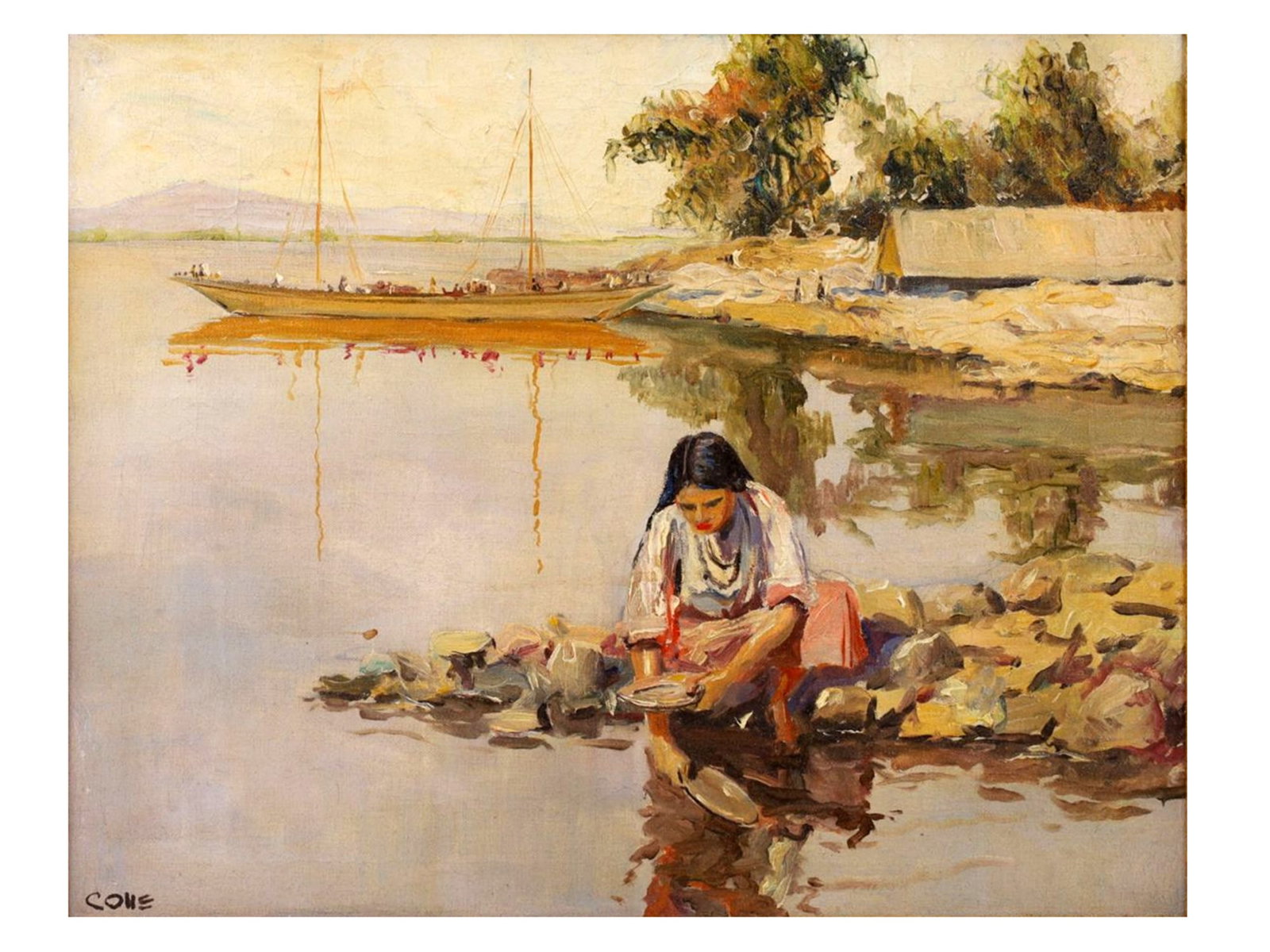 A RALPH N. CONE, IRISH-AMERICAN, OIL ON CANVAS PAINTING: A RALPH N. CONE (AMERICAN, 20TH CENTURY) OIL ON CANVAS PAINTING. This atmospheric scene depicts a woman at a riverbank washing dishes, with a moored sailboat and shoreline buildings in the background.