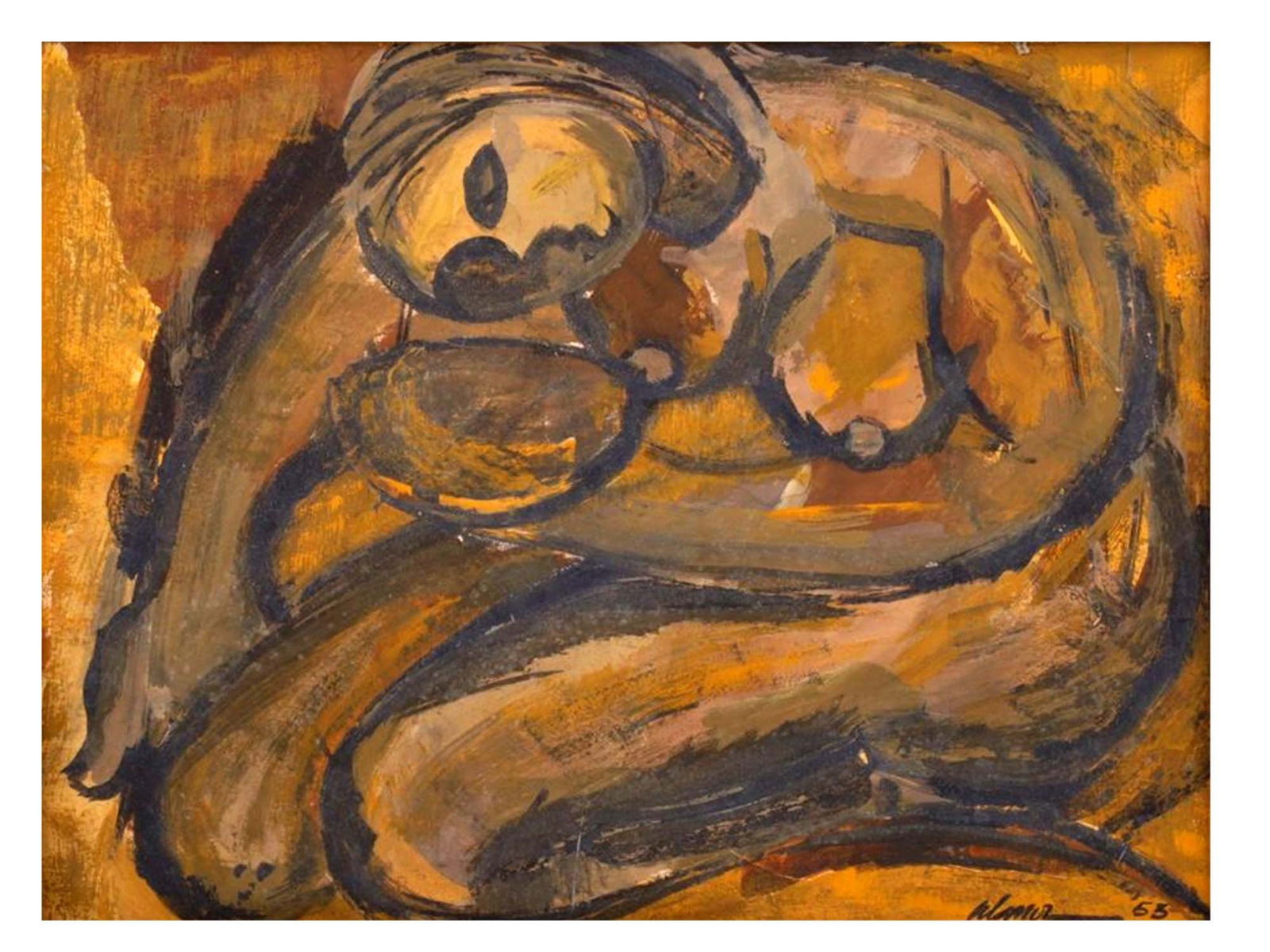 AN OLIN ON CANVAS ABSTRACT PAINTING SIGNED ALMOZ, 20TH C.: A SIGNED ABSTRACT PAINTING BY ALMOZ. Oil on board, signed lower right. This striking work exemplifies post-war abstract style, characterized by bold, rhythmic linework and geometric simplifications wi