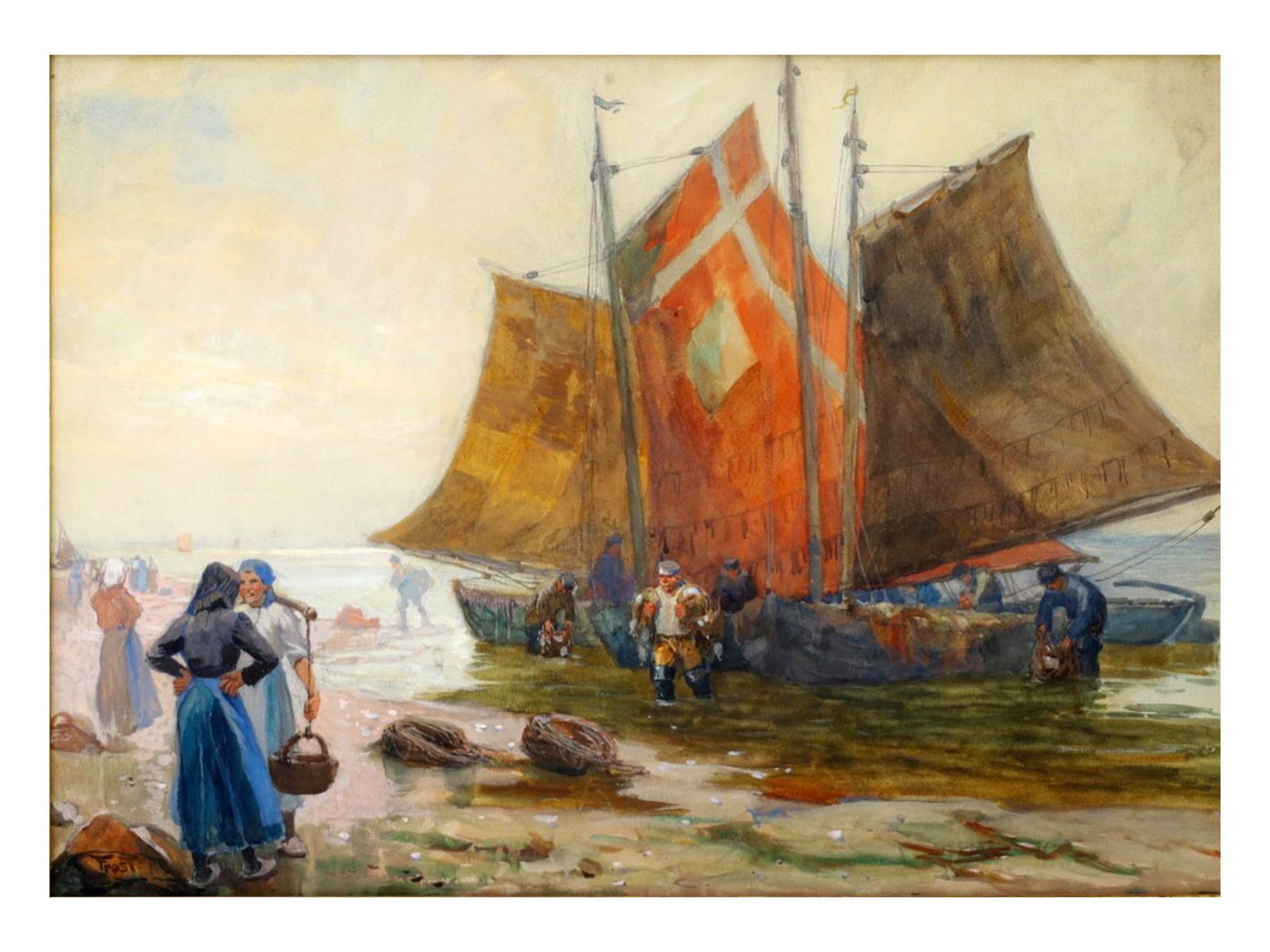 A WATERCOLOR AND GOUACHE PAINTING BY FROSD: FROSD (Early 20th Century). "Fishing Boats with Figures on Shore" Watercolor and gouache on paper, signed lower left. A vibrant maritime scene depicting fishing vessels with tall sails docked along th