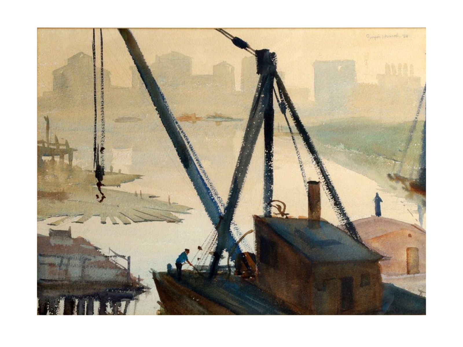 A JOSEPH HIRSCH (AMERICAN, 1910-1981), A WATERCOLOR PAINTING OF A PORT SCENE, 1934 (1 of 4)