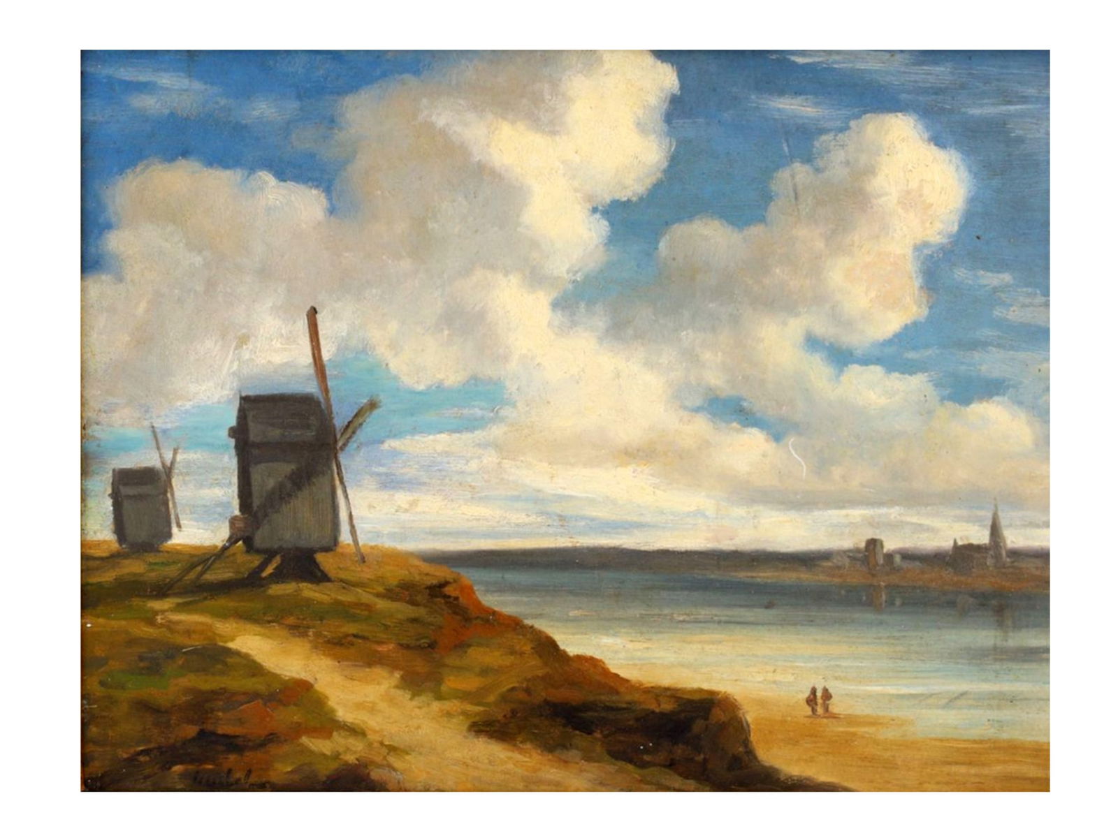 A LATE 19TH C. FRENCH SCHOOL OIL PAINTING OF A LANDSCAPE WITH WINDMILLS: French School, an oil painting on board depicting a landscape with windmills and two human figures by a body of water in the distance. Illegibly signed on the lower left. Late 19th-century. Dimensions