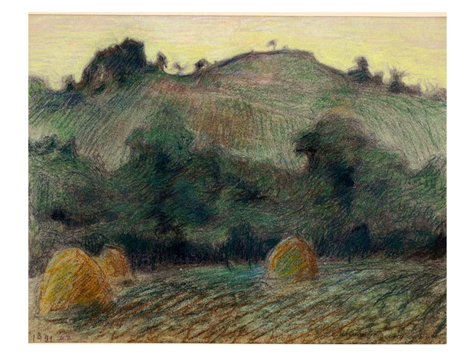 A WATERCOLOR AND PASTEL LANDSCAPE BY MSTISLAV DOBUZHINSKY (1875–1957), DATED 1901: Watercolor and pastel on paper, signed and dated lower left "1901 M.D." A lyrical early landscape by Mstislav Dobuzhinsky, executed in 1901—a period corresponding to the artist’s formative Munich