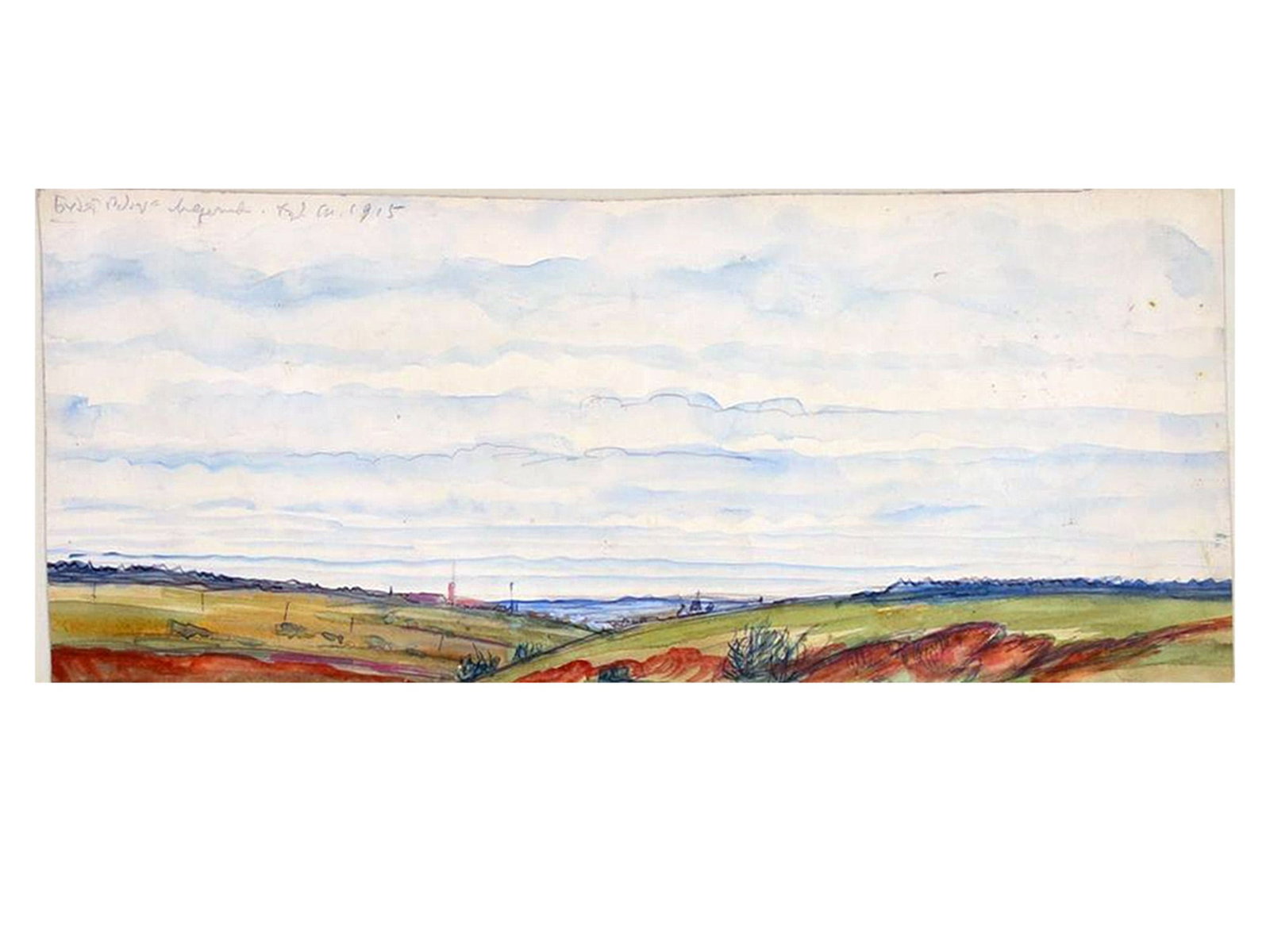 MSTISLAV VALERIANOVICH DOBUZHINSKY (RUSSIAN, 1875–1957) LANDSCAPE, 1915: Pencil and watercolour on paper, inscribed and dated upper left in Cyrillic. Framed under glass in a giltwood frame. A delicate panoramic landscape executed in 1915, demonstrating Dobuzhinsky’s dist