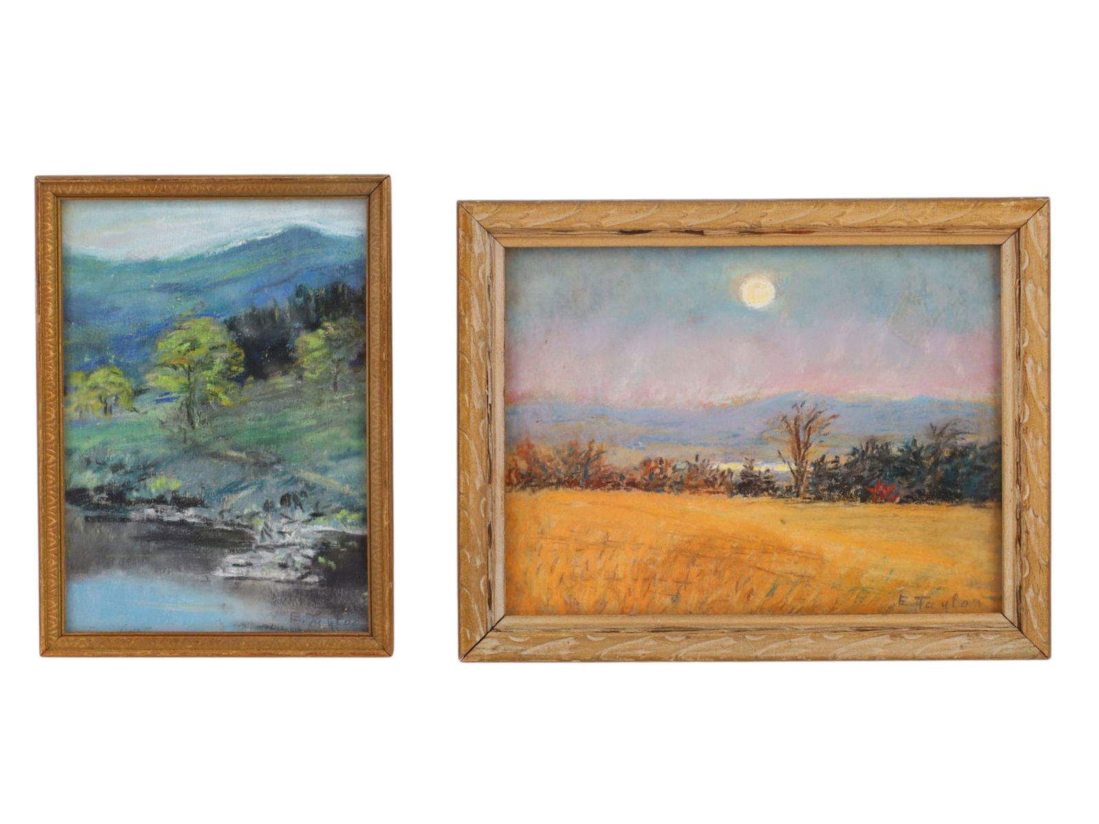 A PAIR OF E. TAYLOR PASTEL LANDSCAPES, AMERICAN SCHOOL, EARLY–MID 20TH CENTURY: Each signed E. Taylor, lower right, pastel on paper, both framed. The pair consists of two impressionistic landscape scenes rendered in soft pastel. One depicts a tranquil woodland and river scene wit