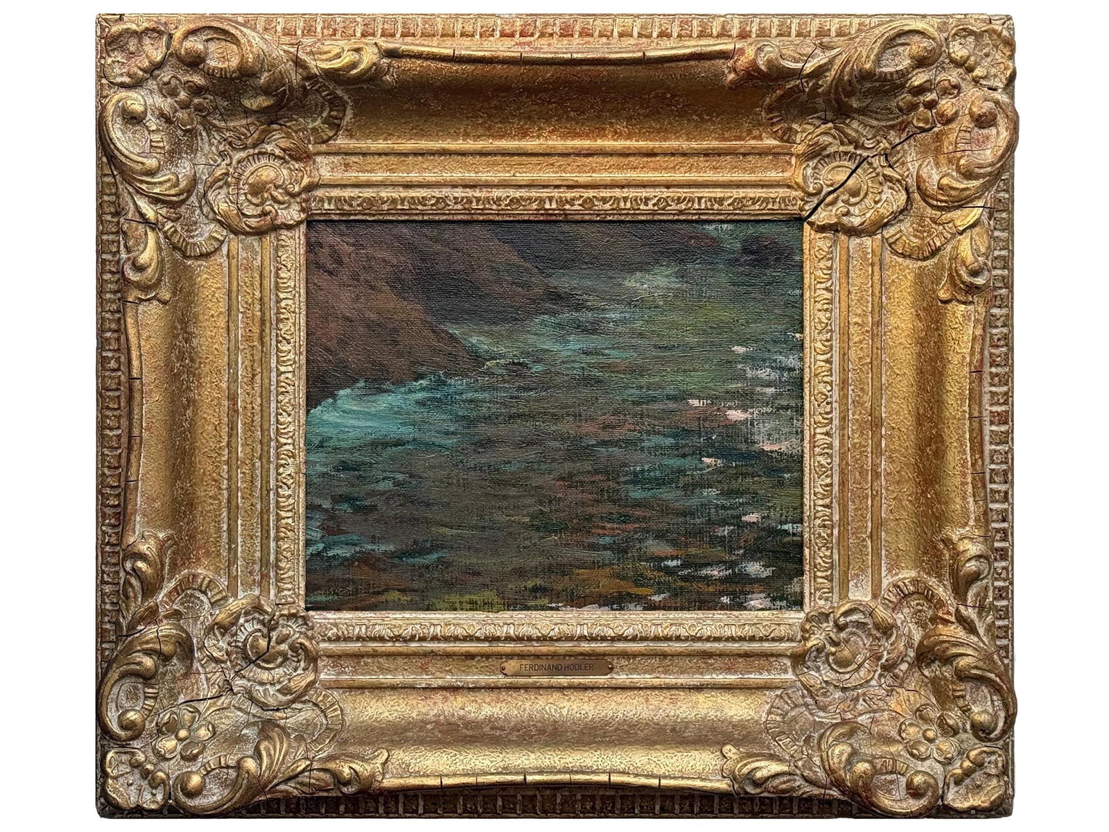 ATTRIBUTED TO FERDINAND HODLER (SWISS, 1853–1918) SEASCAPE: Oil on board. A small atmospheric coastal view depicting a dark, rocky shoreline at left, overlooking a restless body of water, rendered in layered strokes of turquoise, green, and deep blue. The wate