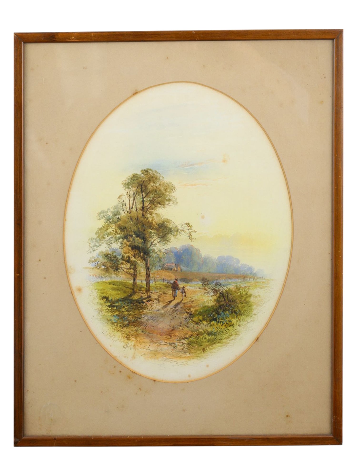 A 19TH CEN. ENGLISH VICTORIAN WATERCOLOR PAINTING OF A RURAL LANDSCAPE SCENE: A 19th-century Victorian watercolor painting depicting a romantic scene with a mother and child in a rural landscape. Signed lower right. Matted and framed. Dimensions: 13 1/2 x 10 in., (34 x 25.5 cm.