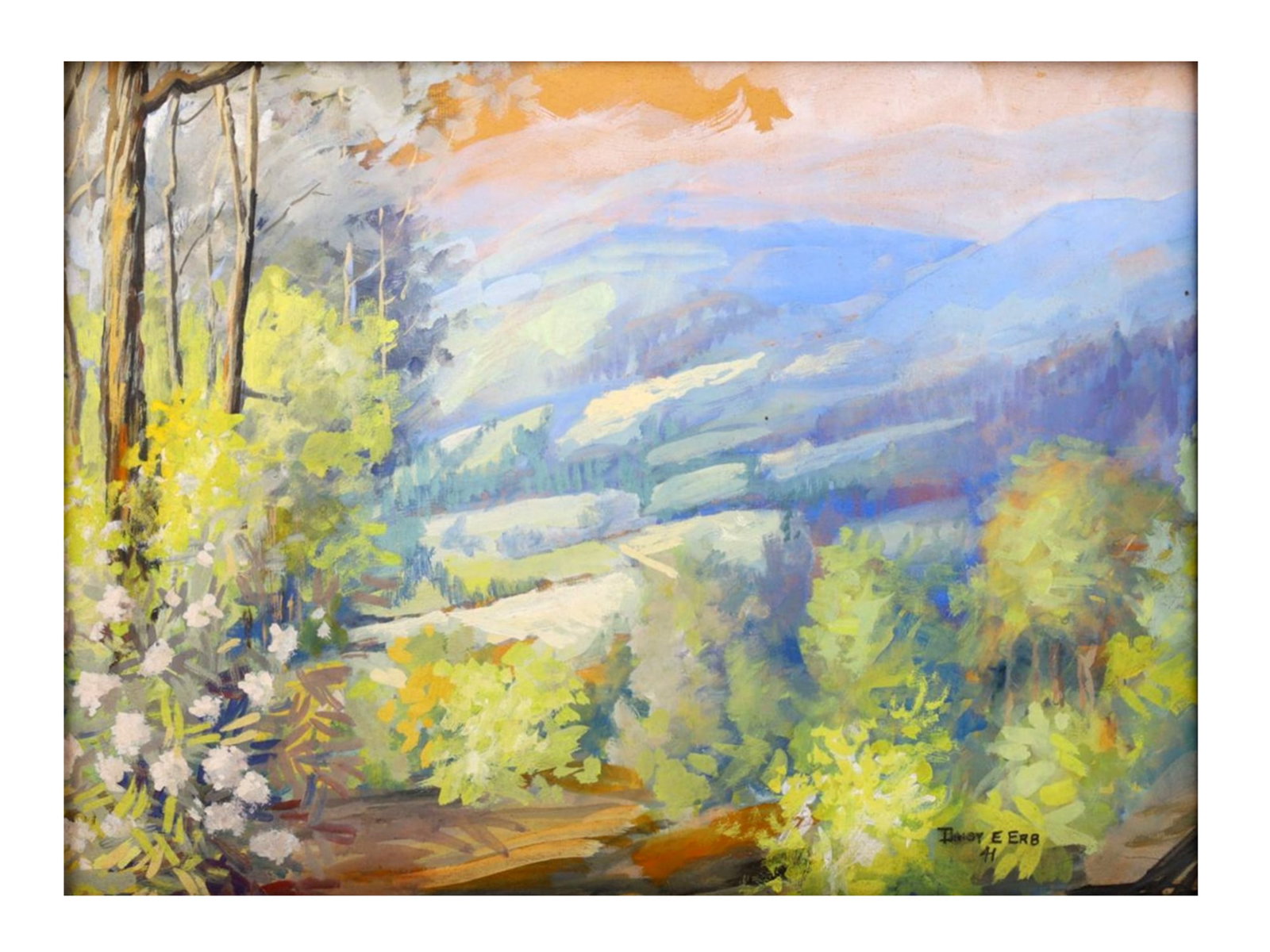 DAISY ERIN ERB (AMERICAN, 1875–1959) SIGNED GOUACHE LANDSCAPE, DATED 1941: Gouache on paper, signed lower right “Daisy E. Erb / 41”. A vibrantly rendered landscape showing a panoramic mountain vista with tiered fields, rolling hills, and a foreground of flowering shr