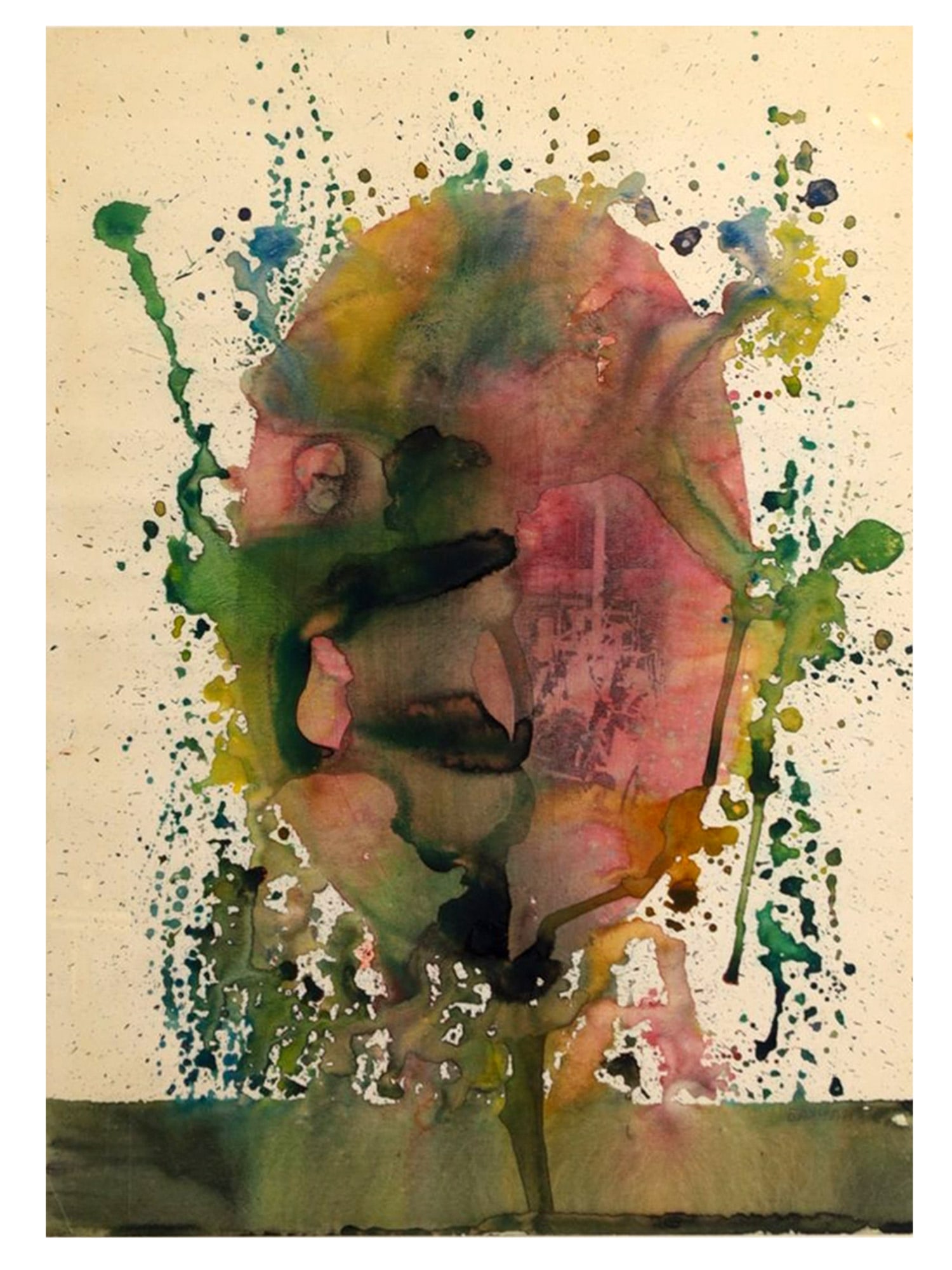 A MIXED-MEDIA "ABSTRACT" PAINTING BY VAGRICH BAKHCHANYAN, CA. 1960: Mixed media and watercolor on paper, signed in Cyrillic lower left ????????? (Bakhchanyan). Framed. A vibrant early abstract work by the conceptual artist and satirist Vagrich Bakhchanyan, executed in