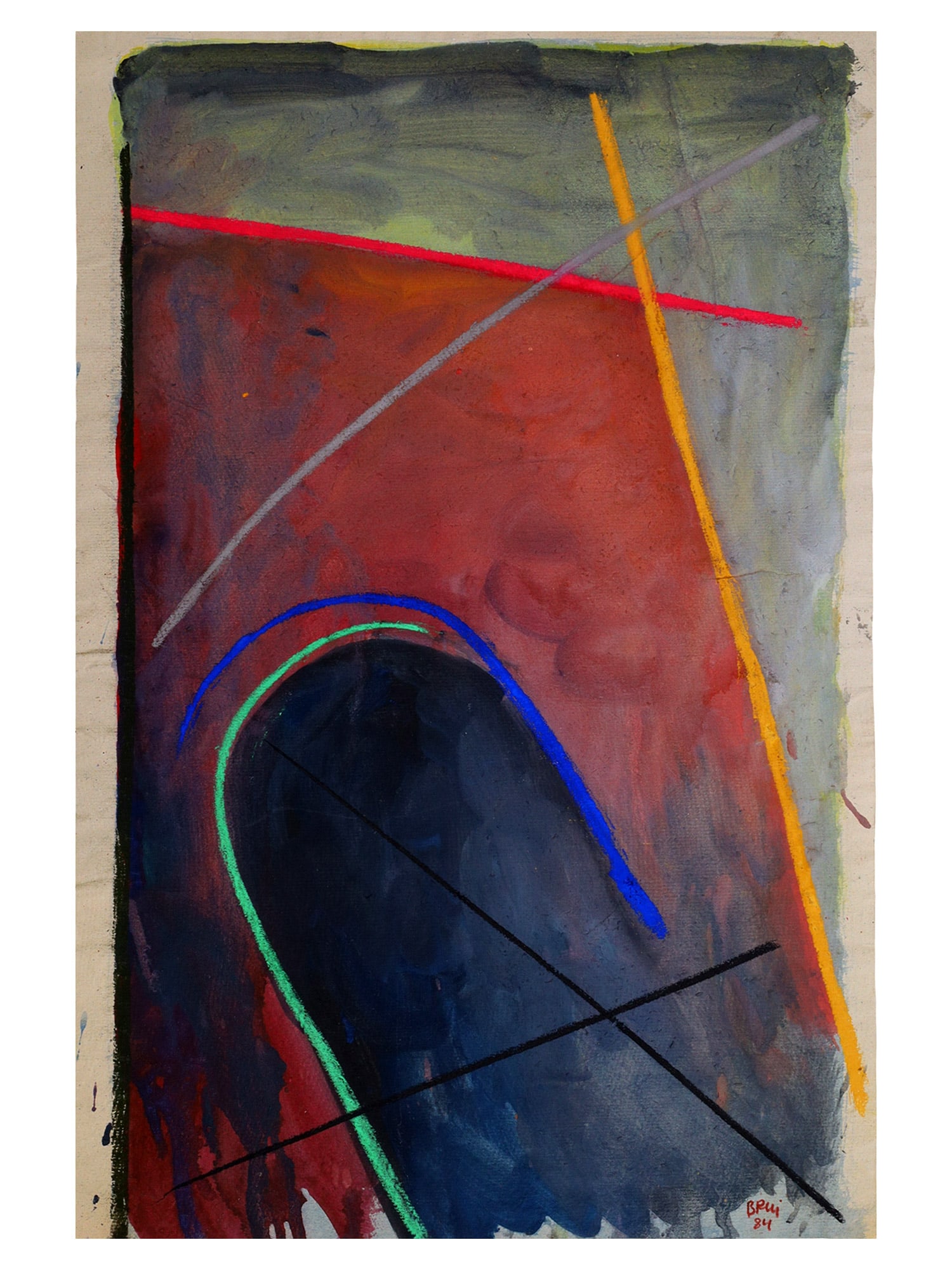 A WILLIAM BRUI, RUSSIAN, WATERCOLOR ON PAPER PAINTING, 1984: Watercolor painting on paper by William Brui, born 1946, a Soviet and French avant-garde artist of Jewish descent. The artwork depicts a colorful abstract composition. Signed in Latin and dated '84 lo