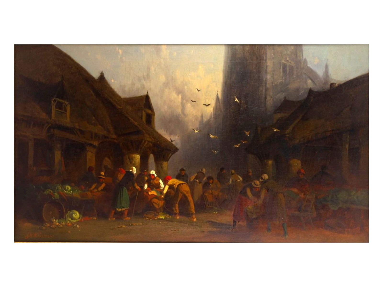 A GEORGE WASHINGTON NICHOLSON OIL ON CANVAS PAINTING: GEORGE WASHINGTON NICHOLSON (AMERICAN, 1832–1912). Titled "A Market Scene", oil on canvas. Depicting a bustling European village market, the composition captures vendors and townsfolk exchanging goo