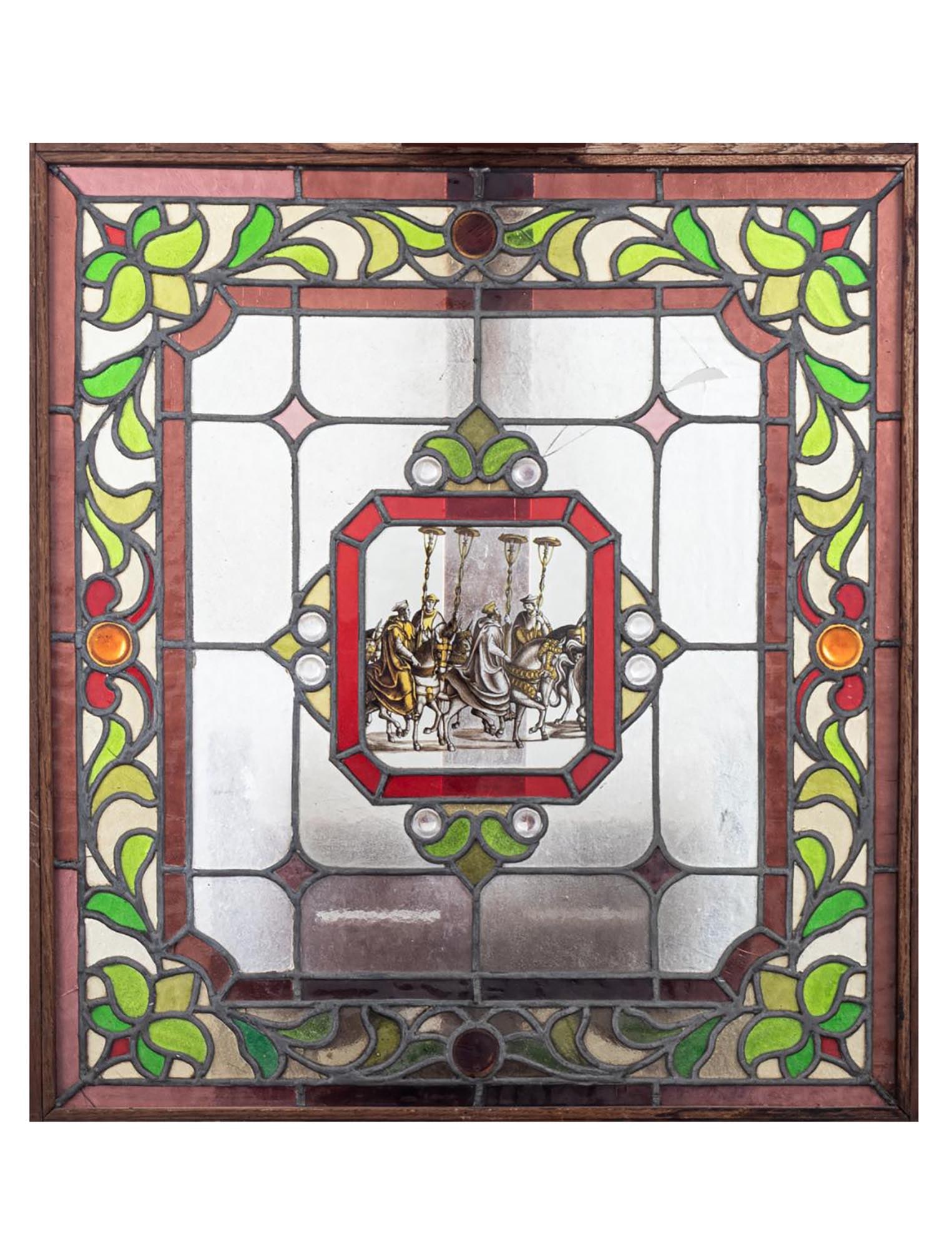 A CONTINENTAL STAINED-GLASS WINDOW WITH MEDIEVAL HORSEMEN, CA. 19TH CEN. (1 of 4)