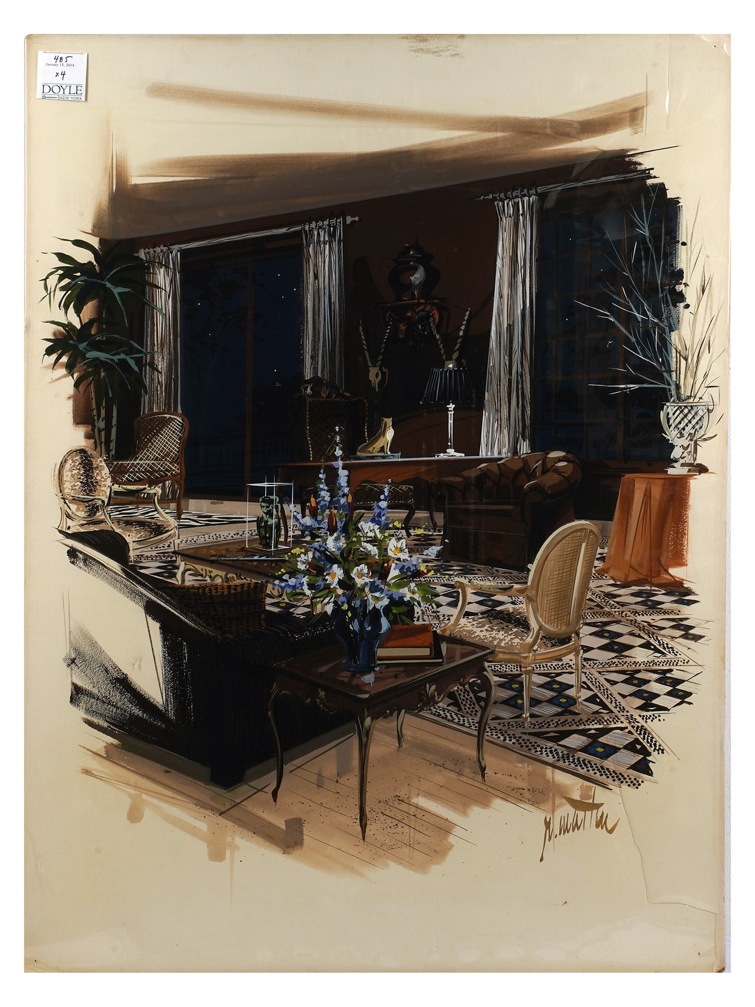 A MID-CENTURY ILLUSTRATION FOR MAGAZINE PUBLICATION, BY ROBERT MARTIN, AMERICAN, CIRCA 1950: Gouache and mixed media on illustration board depicting an elegant mid-century modern interior with a seating group arranged around a low coffee table accented by flowers and decorative objects. The c