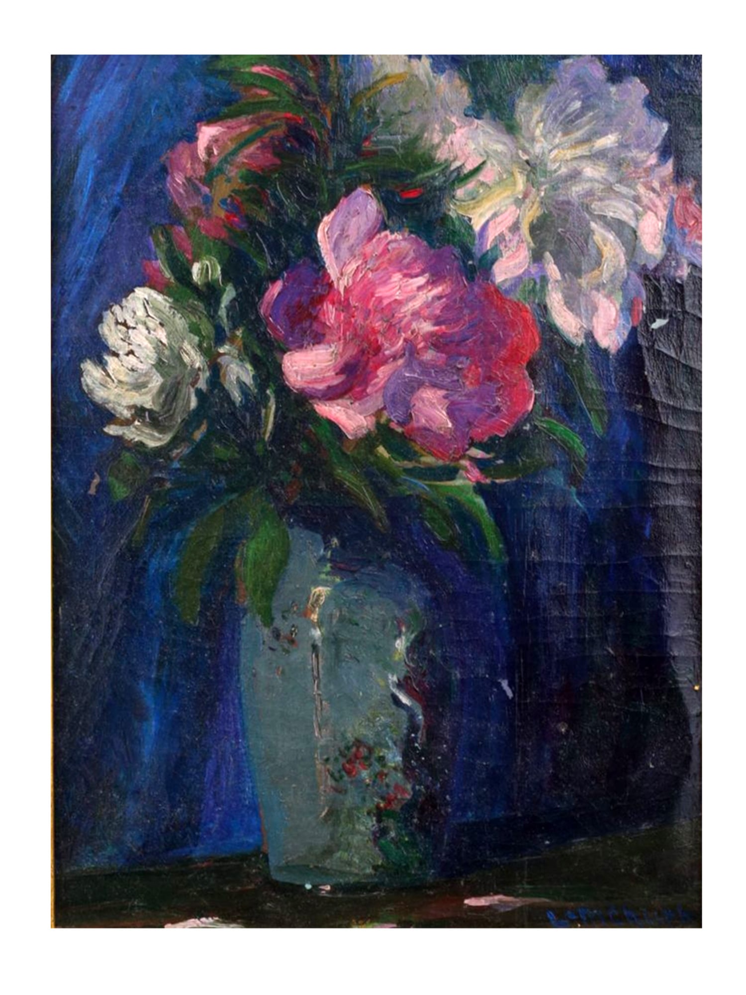 AN IMPRESSIONIST FLORAL STILL LIFE OIL PAINTING BY L. MCHUGH: L. McHugh, an impressionist still life oil on canvas painting depicting a bouquet of lush white and pink flowers in a vase. Signed lower right. Housed in a gilt wood and gesso frame. Dimensions: 16 x