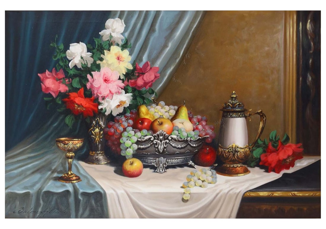 BÉLA BALOGH (HUNGARIAN, 1909–1980), STILL LIFE WITH FLOWERS, OIL ON CANVAS: A finely detailed still life composition depicting a richly set table with a silver bowl overflowing with grapes, pears, apples, and peaches, flanked by blooming peonies and hibiscus in a gilt vase, w