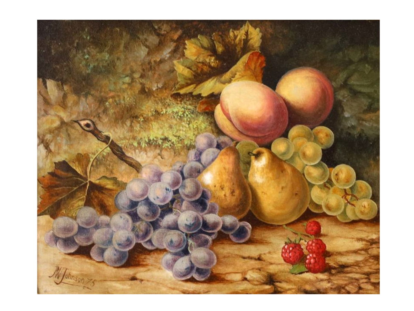 A P.W. JOHNSON (BRITISH, 19TH CENTURY) STILL LIFE OF FRUIT, 1875: Oil on canvas, signed lower left P.W. Johnson 75 (for 1875). The composition depicts an opulent still life with peaches, pears, grapes, and raspberries arranged upon a marble ledge against a shaded wo
