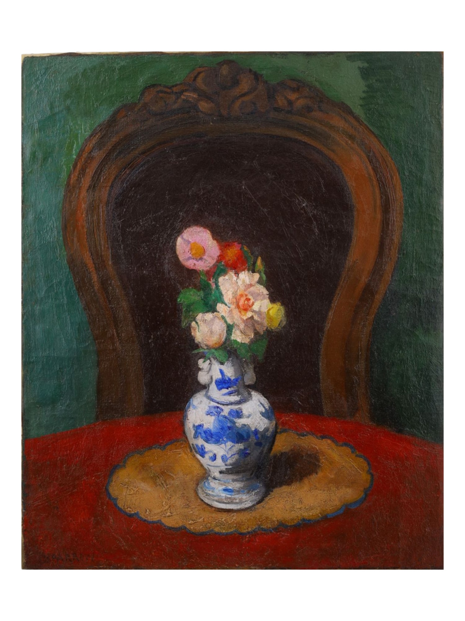 A JACK SPARROW (1893-1961) SIGNED STILL LIFE OIL ON CANVAS: A richly colored still life composition depicting a vase of freshly cut roses and garden flowers arranged in a blue-and-white porcelain vase, set on a red cloth-draped table with a golden doily, again