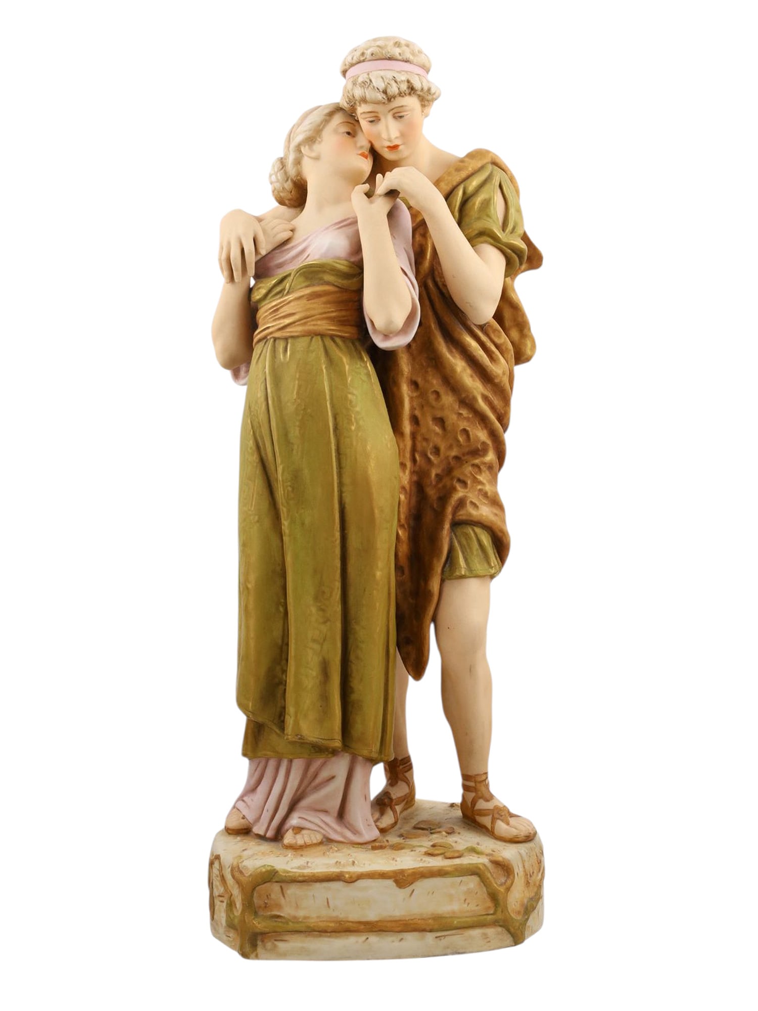 A ROYAL DUX BOHEMIA PAINTED PORCELAIN SCULPTURE OF A COUPLE, EARLY 20TH CEN.: A beautiful painted porcelain sculpture of two lovers in flowing classical garb colored with pink, green, and yellow. This piece was created by the famous Royal Dux Bohemia porcelain manufactory locat
