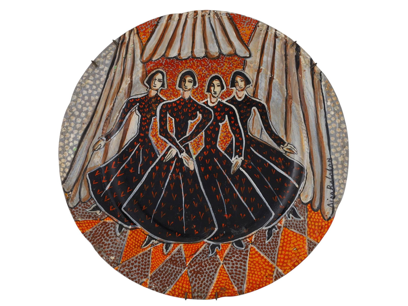 A RUSSIAN AMERICAN PAINTED PORCELAIN PLATE BY NINA BALABAN: A RUSSIAN AMERICAN PAINTED PORCELAIN PLATE, SIGNED NINA BALABAN. Circular porcelain plate, produced by Crooksville China Co. (marked underside "CROOKSVILLE CHINA CO., 1233, American Made"), later deco