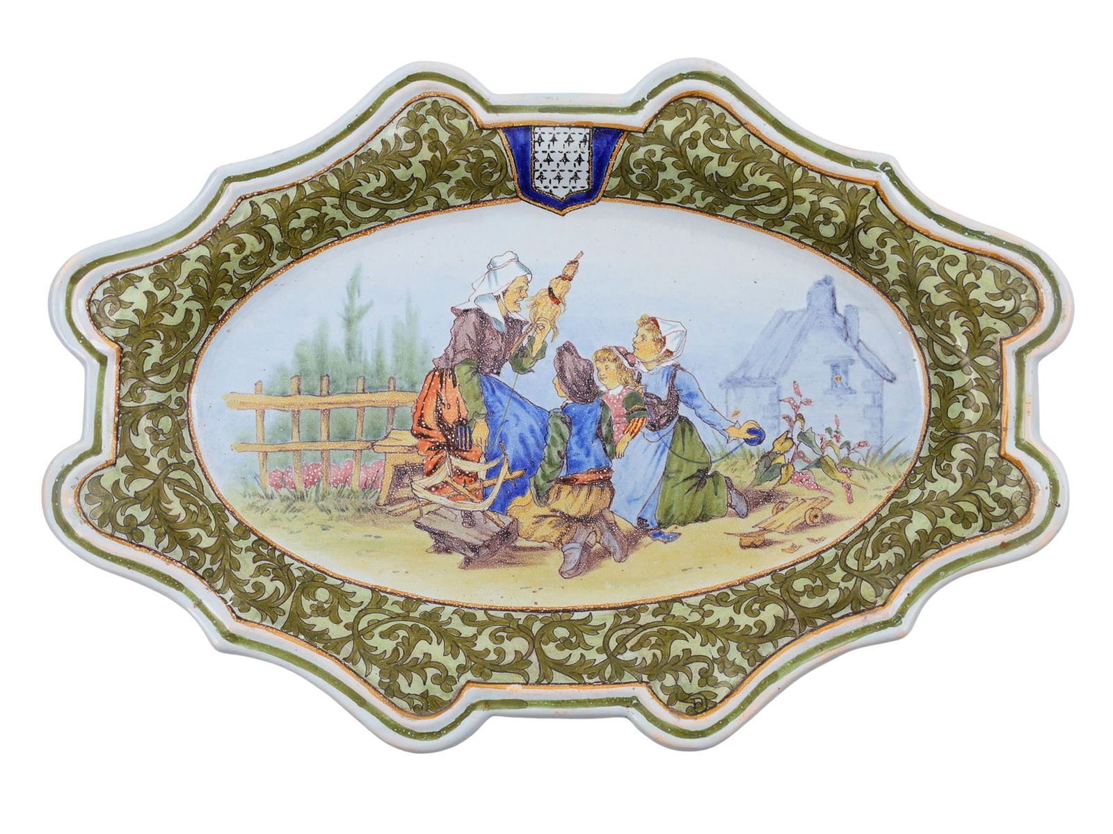 A FRENCH QUIMPER PORQUIER-BEAU PORCELAIN DISH 'HISTOIRE DE LA GRAND-MERE', 19TH CEN. (1 of 3)