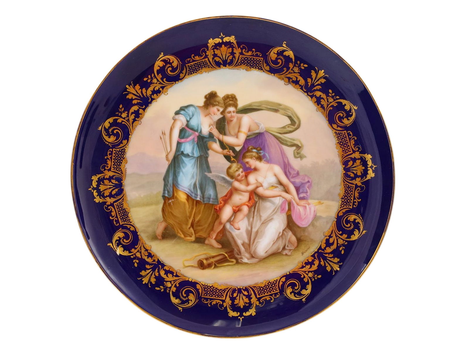 AN AUSTRIAN PAINTED PORCELAIN PLATE, WOMEN ADORING CUPID, 19TH CEN.: An Austrian painted porcelain plate signed by an artist named Hauser, depicting a mythological scene of three women showing adoration to cupid, one woman holding his bow and a sheaf of arrows. On the