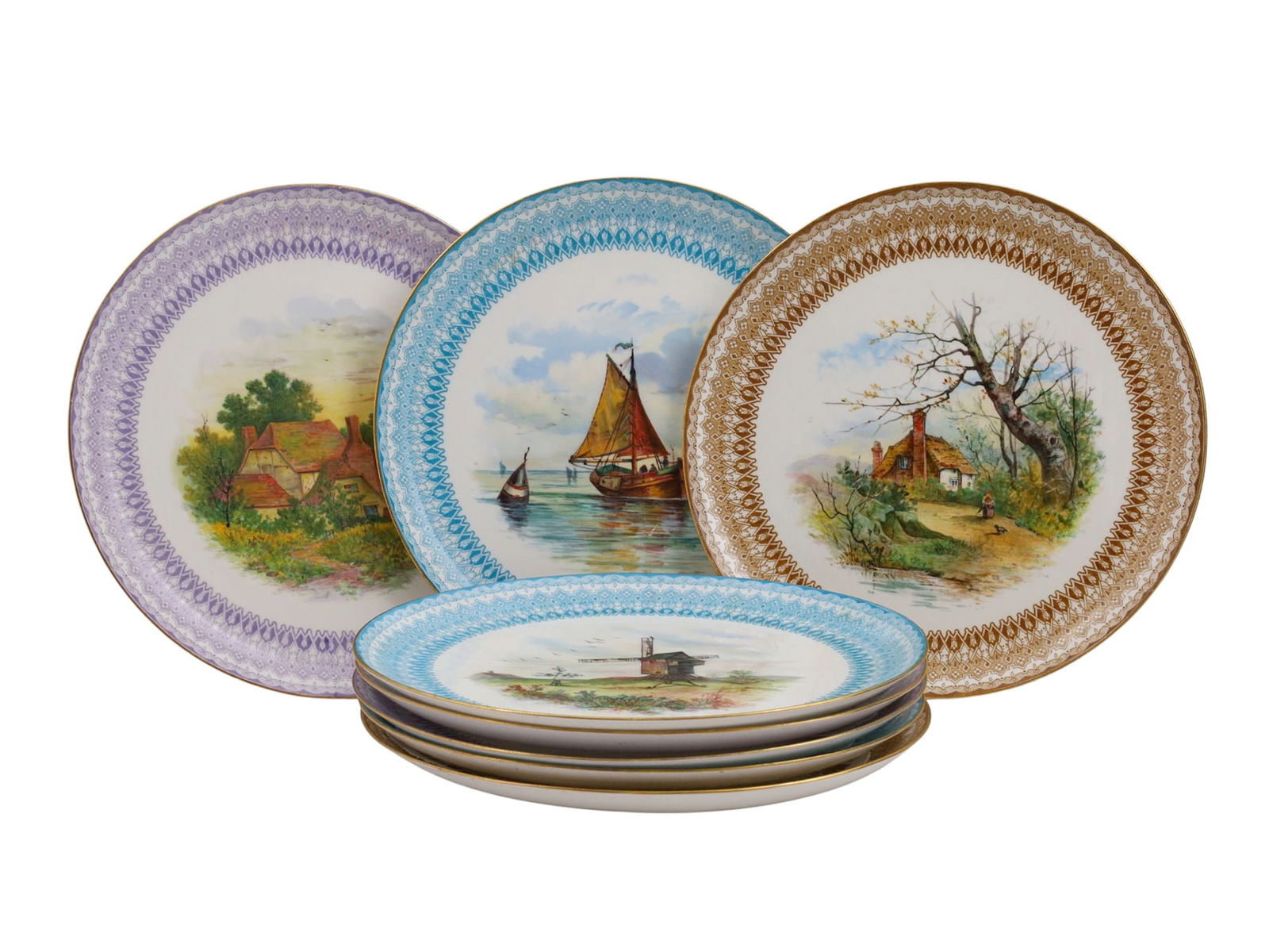 A SET OF EIGHT HAND-PAINTED PORCELAIN PLATES, BROWNFIELD & SONS, CIRCA 1880, RETAILED BY J.E. (1 of 4)