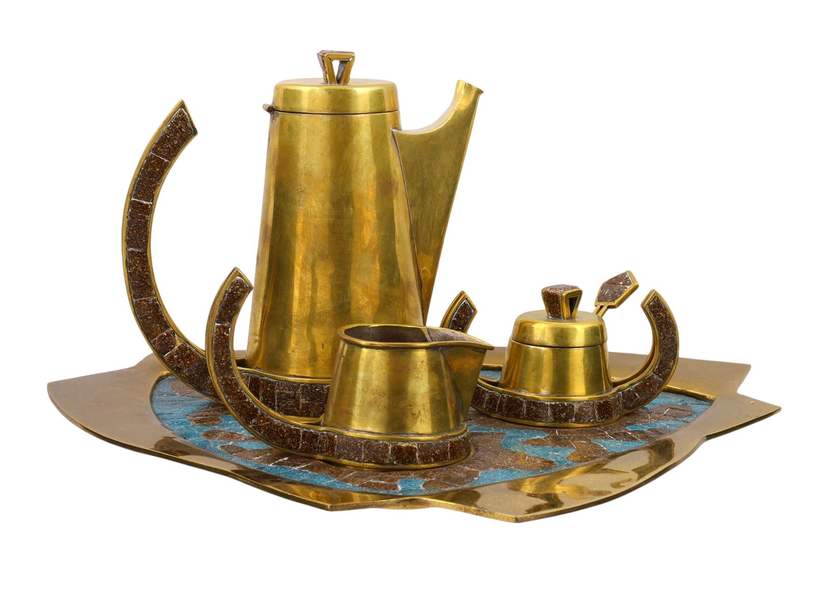 A SALVADOR TER?N (1920–1974) MEXICAN BRASS COFFEE SET, 20TH CEN.: A modernist brass coffee set by Mexican artist Salvador Terán (1920–1974). The set is comprised of 4 pieces, the first being a large tray of an irregular, curved, triangular shape with its surface