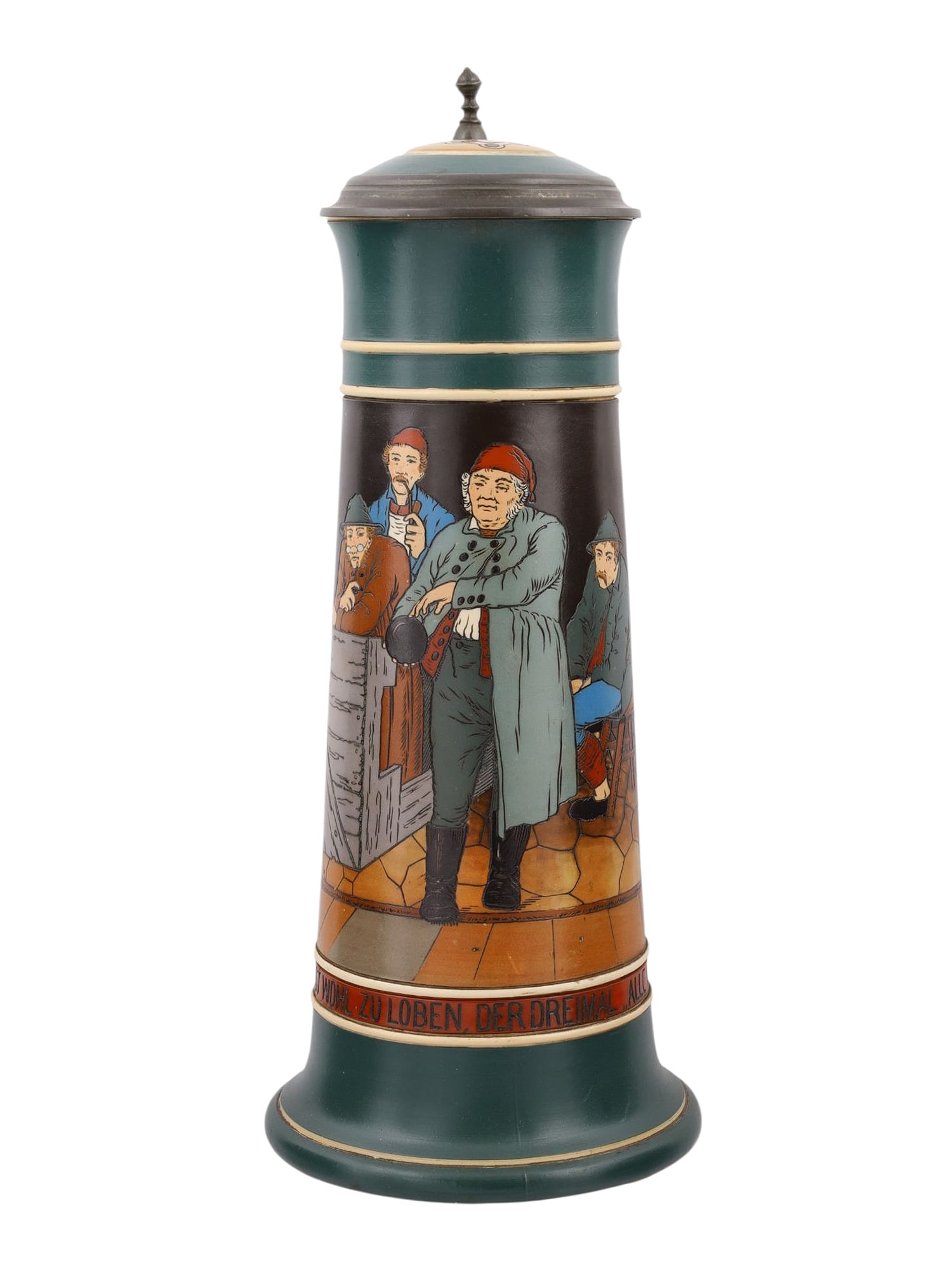 A LARGE GERMAN METTLACH CERAMIC STEIN, BOWLERS AT PLAY, FORM 2956, 1907: A large German stein produced by Villeroy & Boch's famous Mettlach factory, wrapped in a scene of tavern patrons bowling or playing skittles, the bottom ringed with German text which translates to "Th