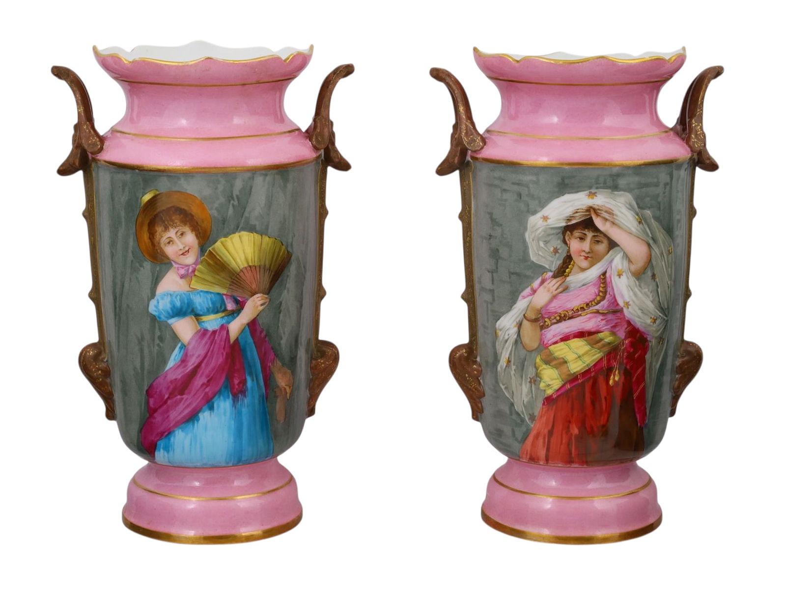 A PAIR OF PINK LIMOGES PORCELAIN PORTRAIT VASES (1 of 6)