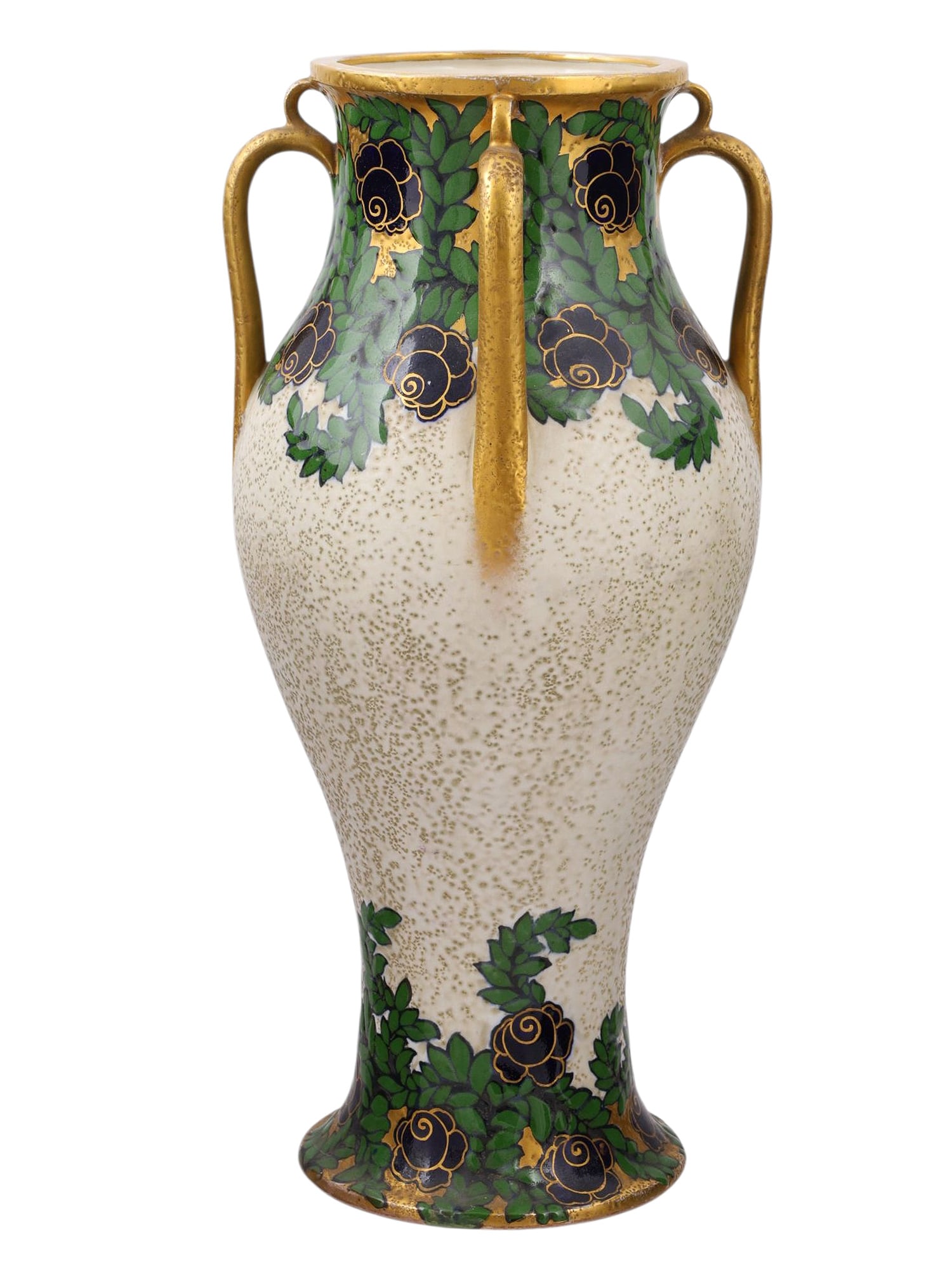AN ERNST WAHLISS VIENNA PORCELAIN ART NOUVEAU STYLE VASE, C. 1900: A finely crafted porcelain vase produced by the Ernst Wahliss firm of Vienna, Austria. The vase is of a slender form with a widened belly in a textured eggshell color, the flared ends being decorated