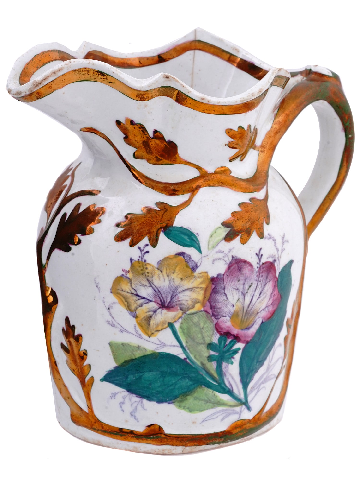 A VICTORIAN IRONSTONE JUG WITH COPPER LUSTRE, LIVESLEY, POWELL & CO., 19TH CEN. (1 of 5)