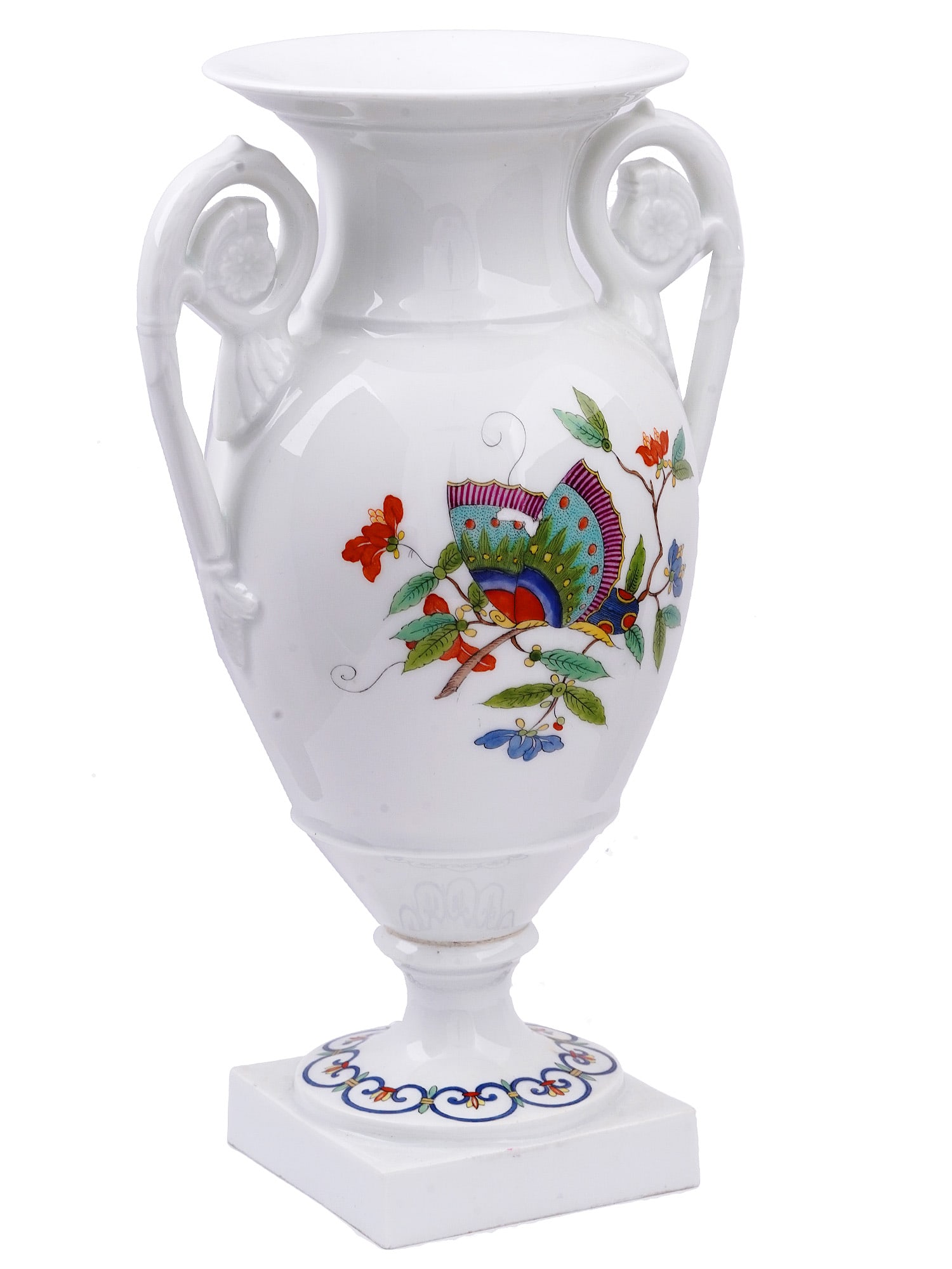 A MEISSEN FLORAL AMPHORA, CA 1900S: Small Meissen amphora on a square base with decorative floral motifs. Swirling handles with foliate motifs. Underglaze blue crossed swords on the underside. Germany, c. early 20th century. Dimensions: