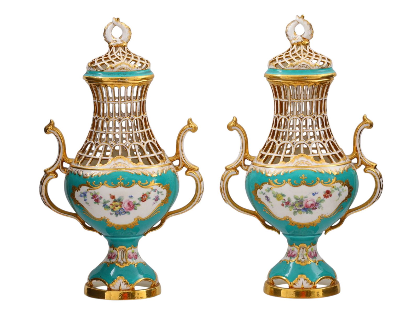 A PAIR OF FINE VICTORIAN ENGLISH MINTON RETICULATED PORCELAIN VASES, C. 1891-1901 (1 of 6)